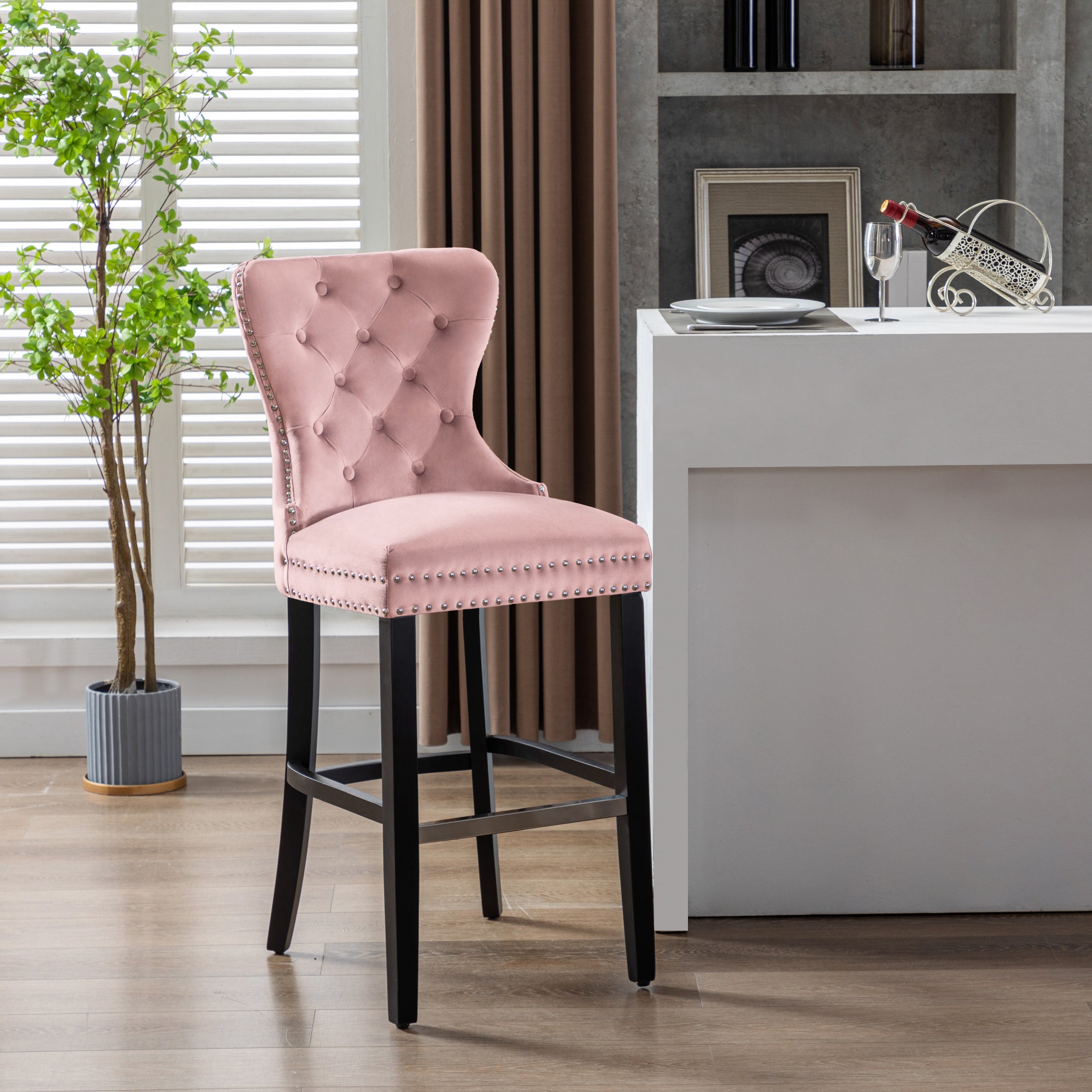 Hank 29" Tufted Velvet Bar Stool, Black