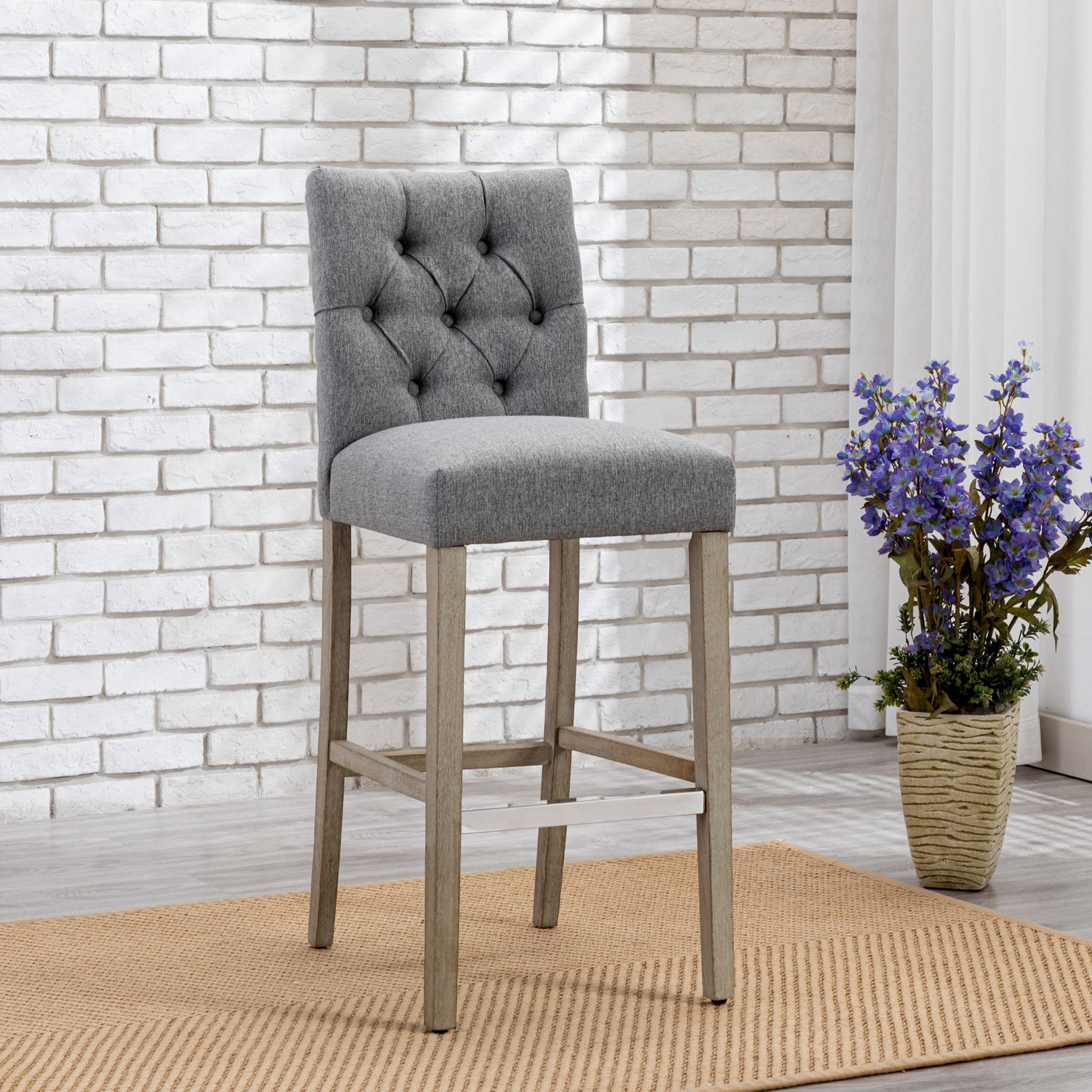 Bellmount 29" Linen Fabric Tufted Bar Stool,Antique Gray