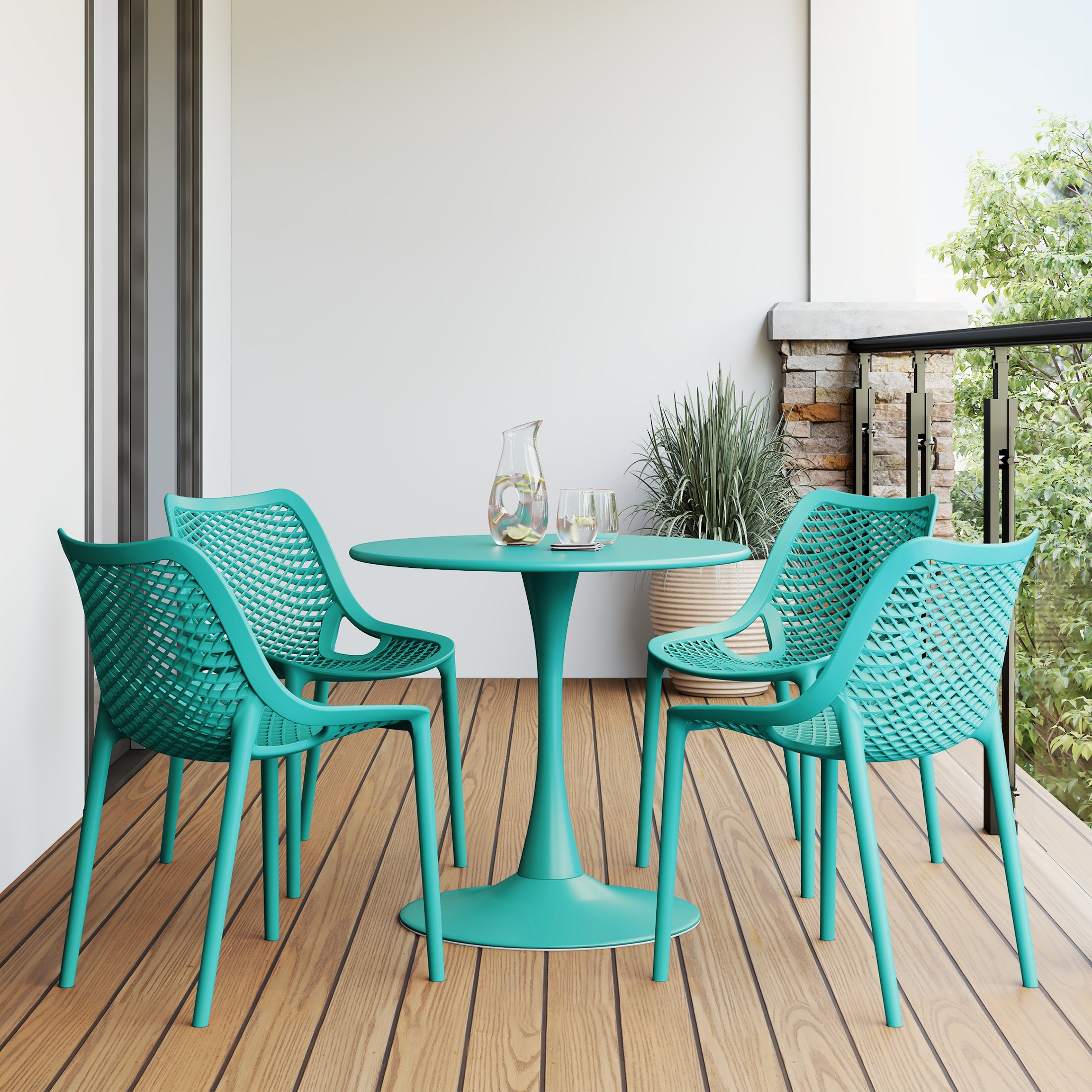 Sunshine 5-Piece Outdoor Indoor Round Metal Dining Table Set And Stackable Resin Patio Dining Side Chairs