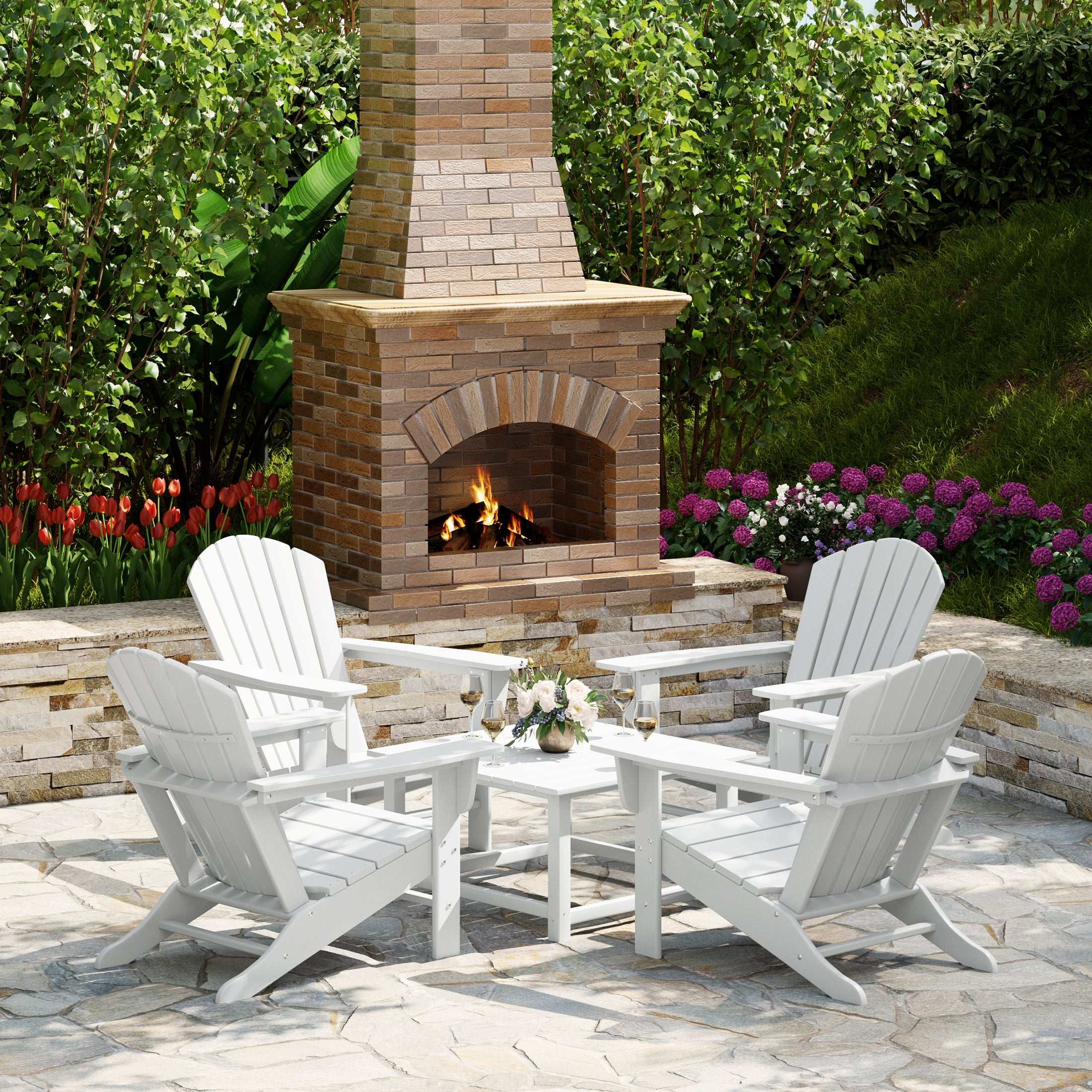 Portside 5-Piece Outdoor Patio HDPE Adirondack Chair With Square Coffee Table Conversation Set