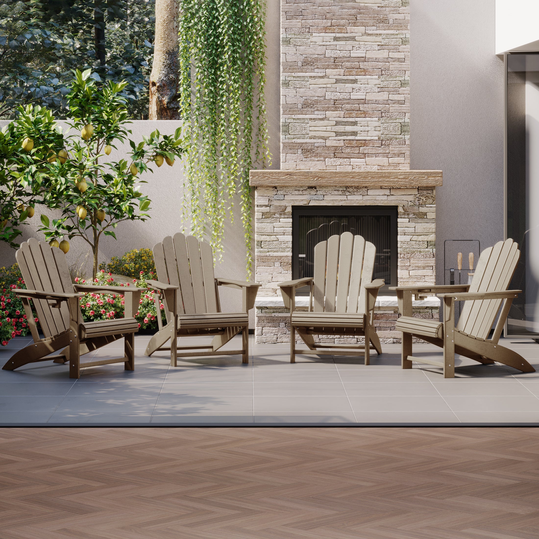 Lakeview Outdoor Patio HDPE Adirondack Chairs With Cup Holders (Set of 4)