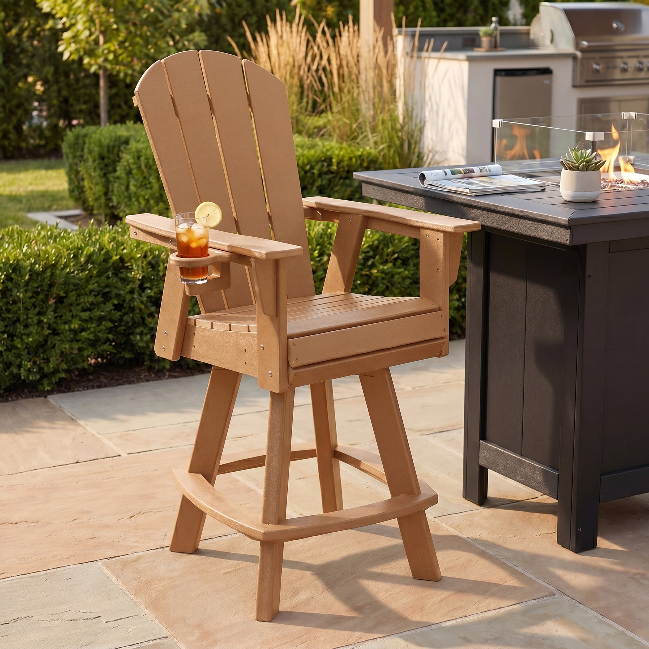 Paradise Outdoor HDPE Swivel Adirondack Bar Height Chair With Cup Holder