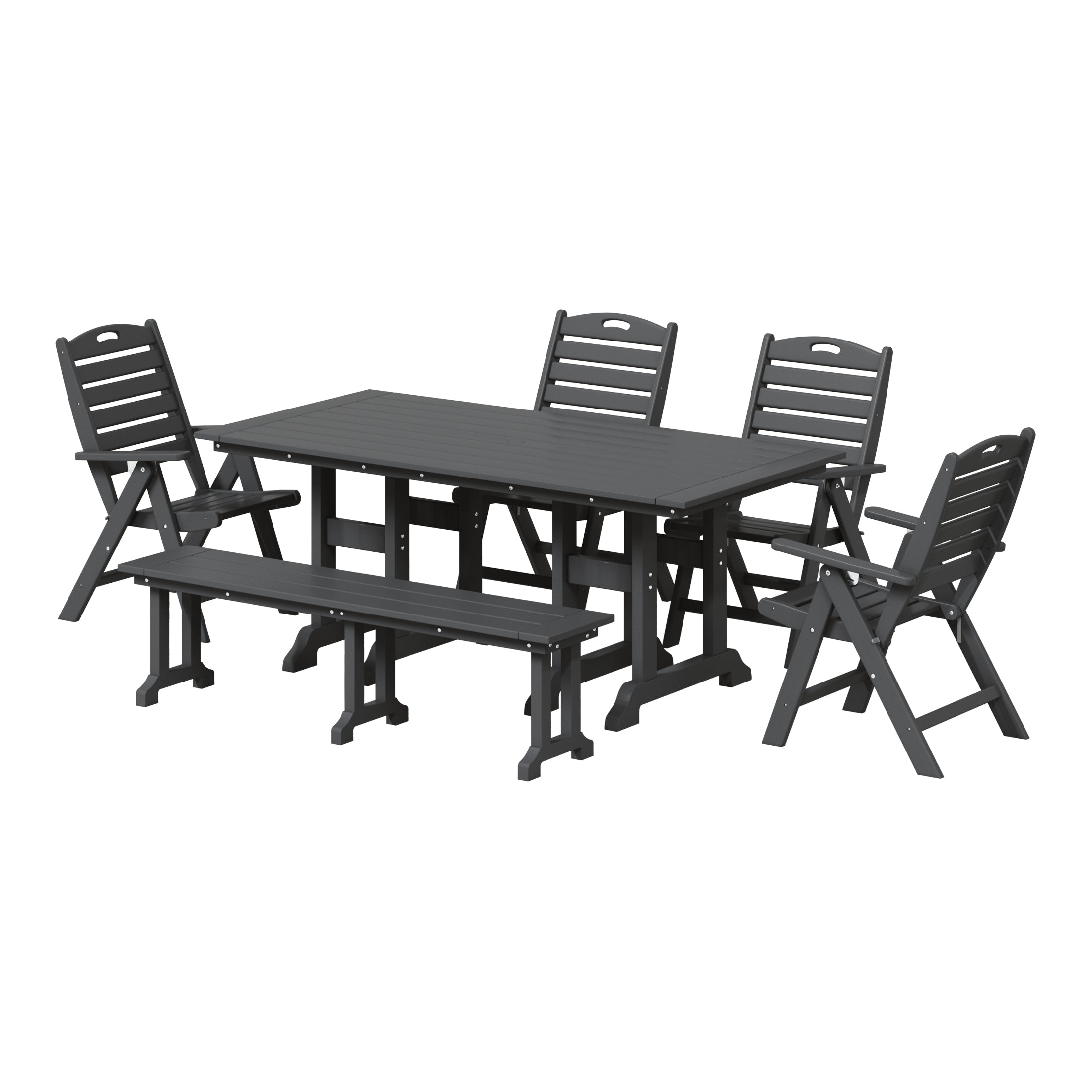 Paradise 6-Piece HDPE Rectangular Patio Dining Table Set with Foldable Chairs and Patio Bench