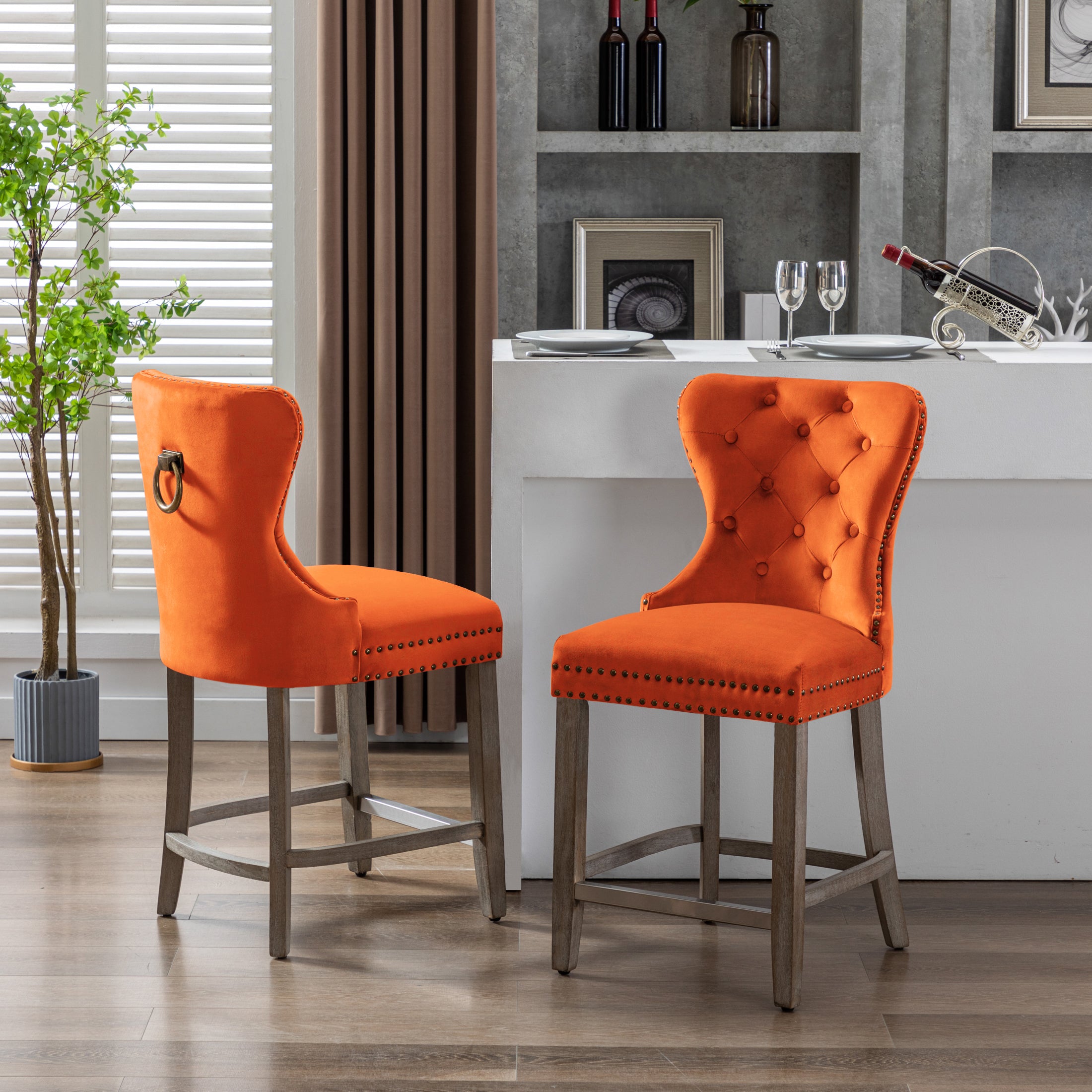 Hank 24" Tufted Velvet Counter Stool (Set of 2), Antique Gray