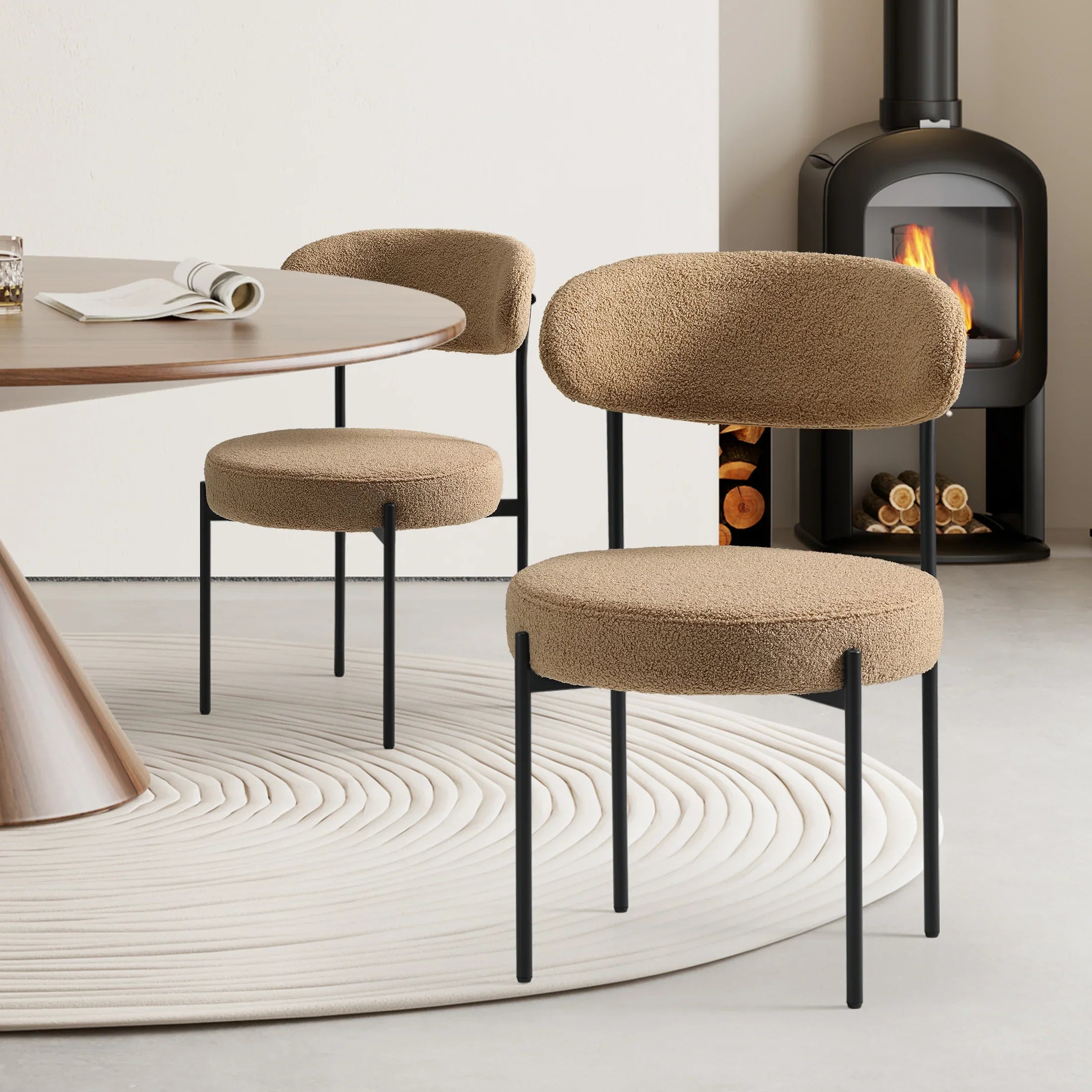 Celine Mid-Century Modern Upholstered Sherpa Round Dining Chairs (Set of 2)