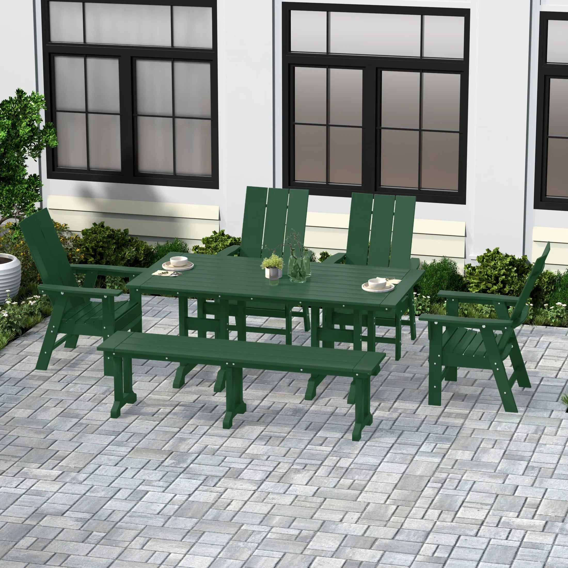 Palms 6 Piece Outdoor Patio Dining Table and Armchair Dining Bench Set