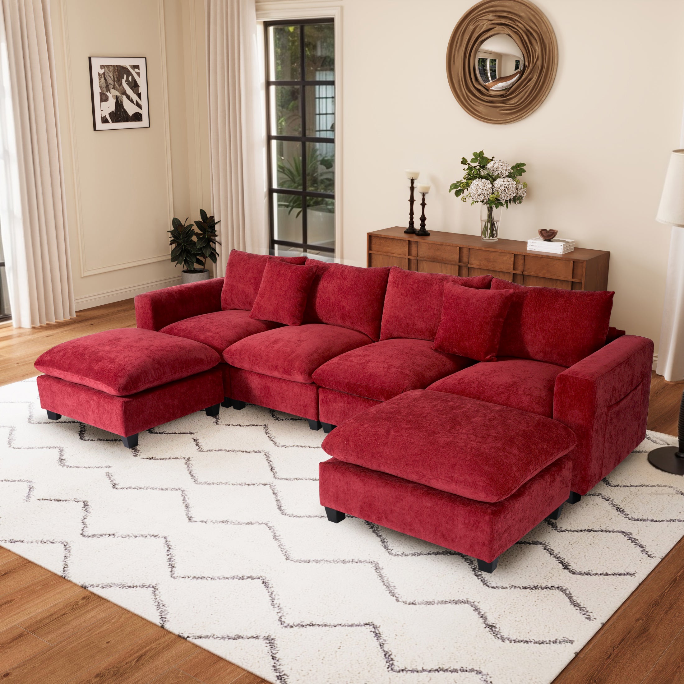 Springfield 128" Chenille Modular U-Shaped Sectional Couch and Chaise With USB/Type-C Ports and Side Pockets