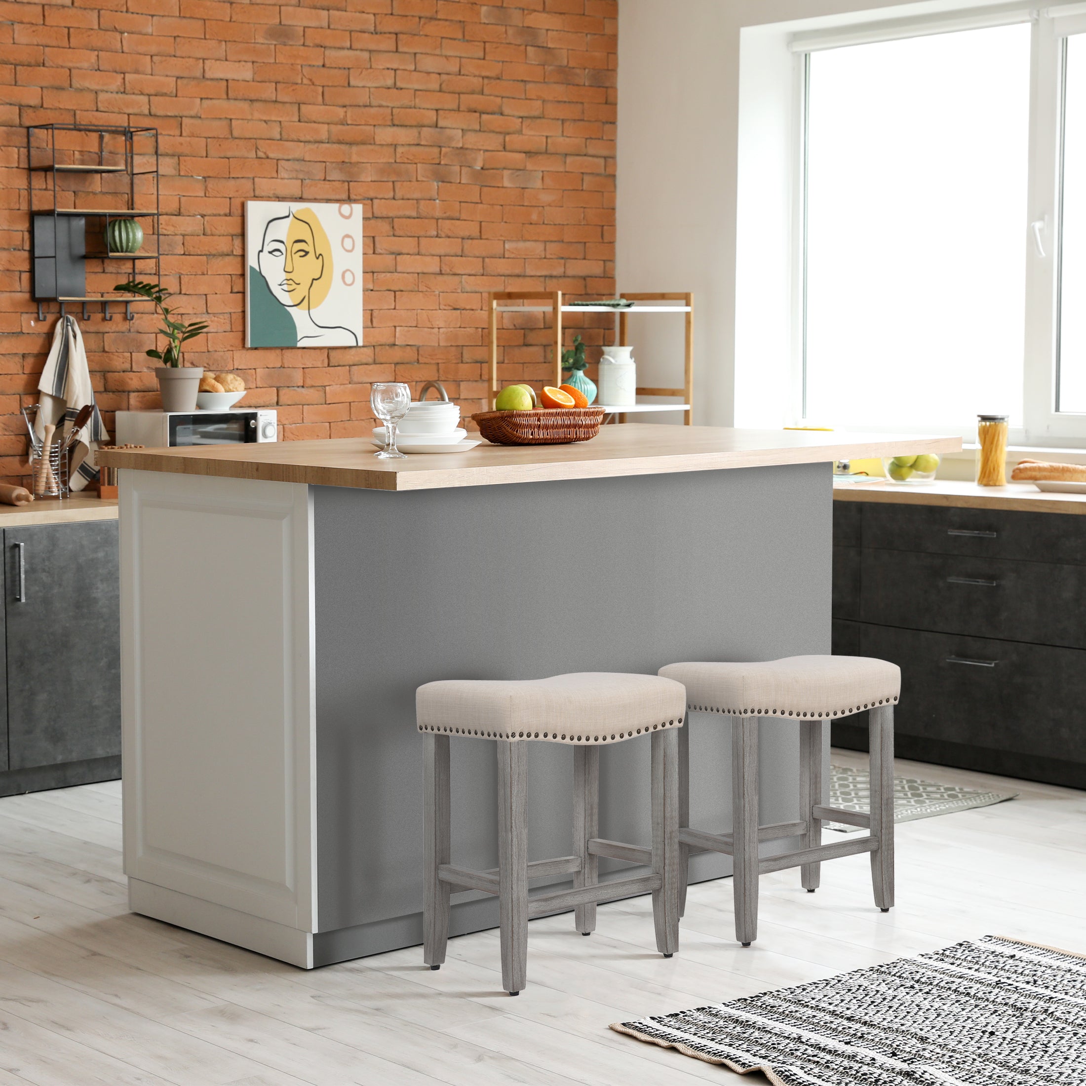 Bulmon 24" upholstered nail head bar counter stools with Gray color legs (2 piece set)