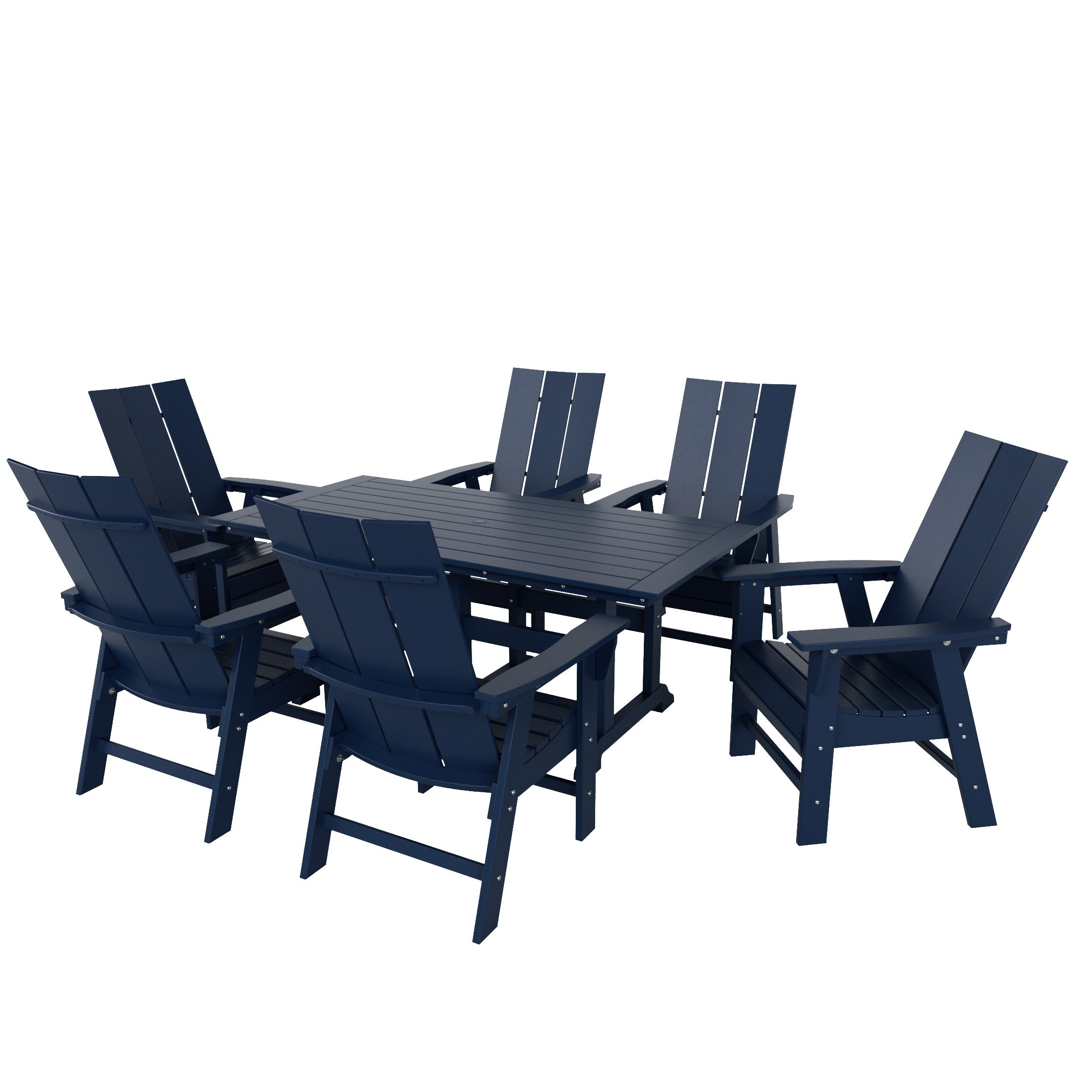 Palms 7 Piece Outdoor Patio Dining Table and Modern Adirondack Armchair Set