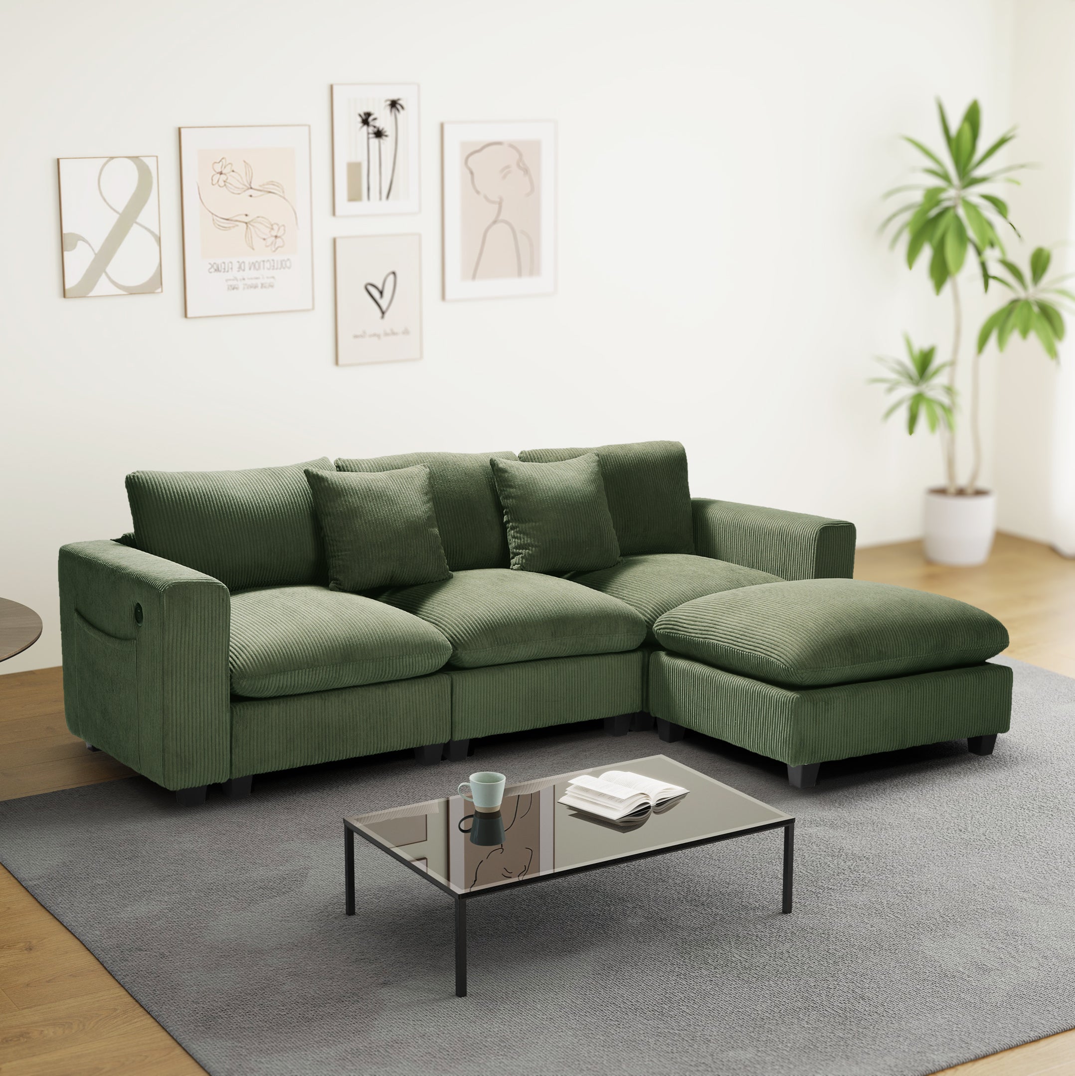 Ava 99" Modular Corduroy L-Shaped Sectional Sofa and Chaise With USB/Type-C Ports and Side Pockets