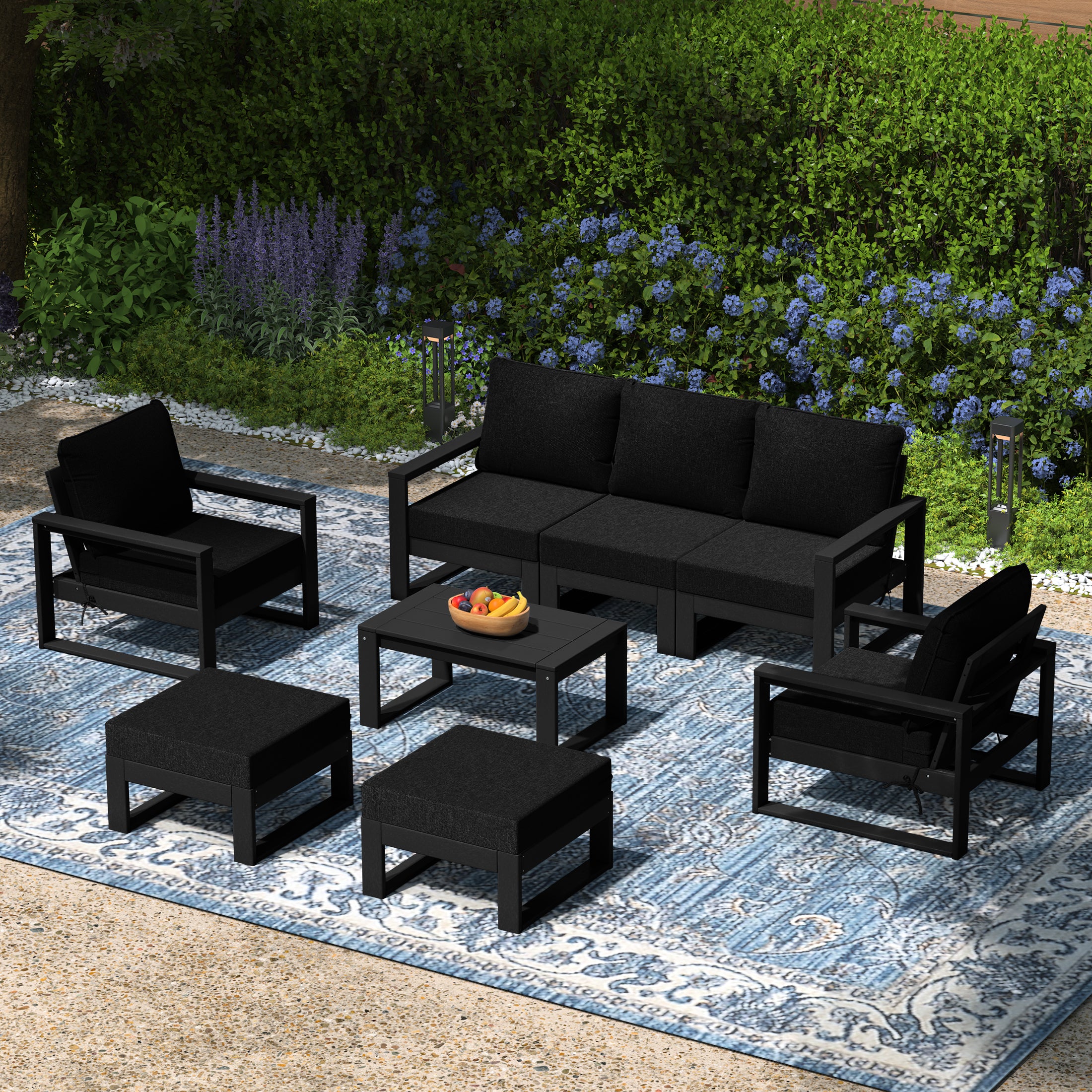 Rockaway 8-Piece Modern HDPE Outdoor Patio Furniture Conversation Set with Coffee Table and Ottomans
