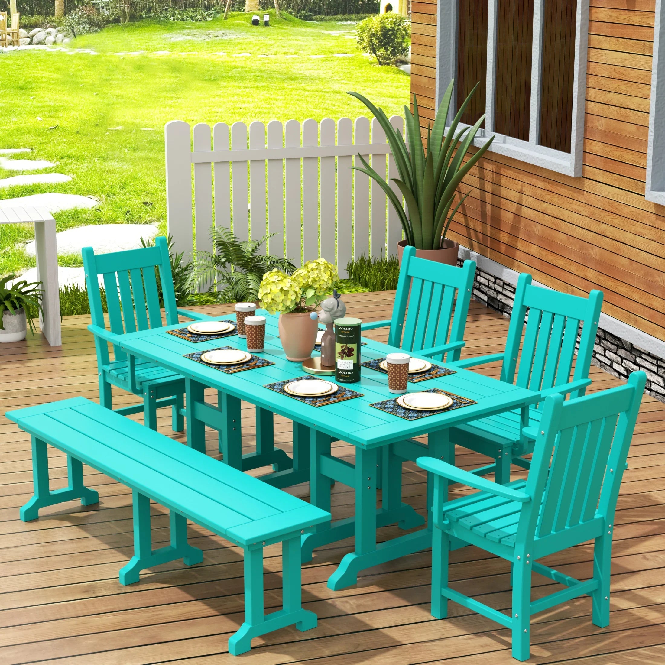 Paradise 6 Piece Outdoor Patio Dining Set Outdoor Table and Bench Armchair Set