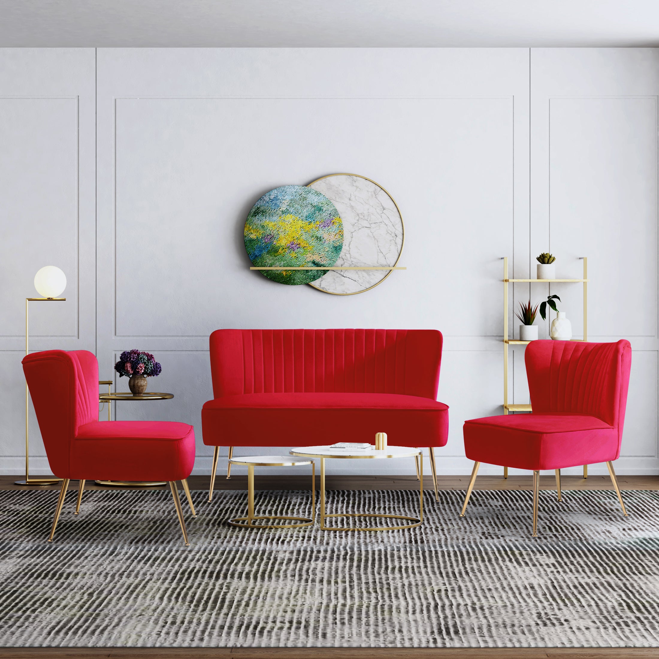 Alaia Mid Century Modern Tufted Velvet Loveseat Sofa and 22" Accent Chair 3-Piece Set