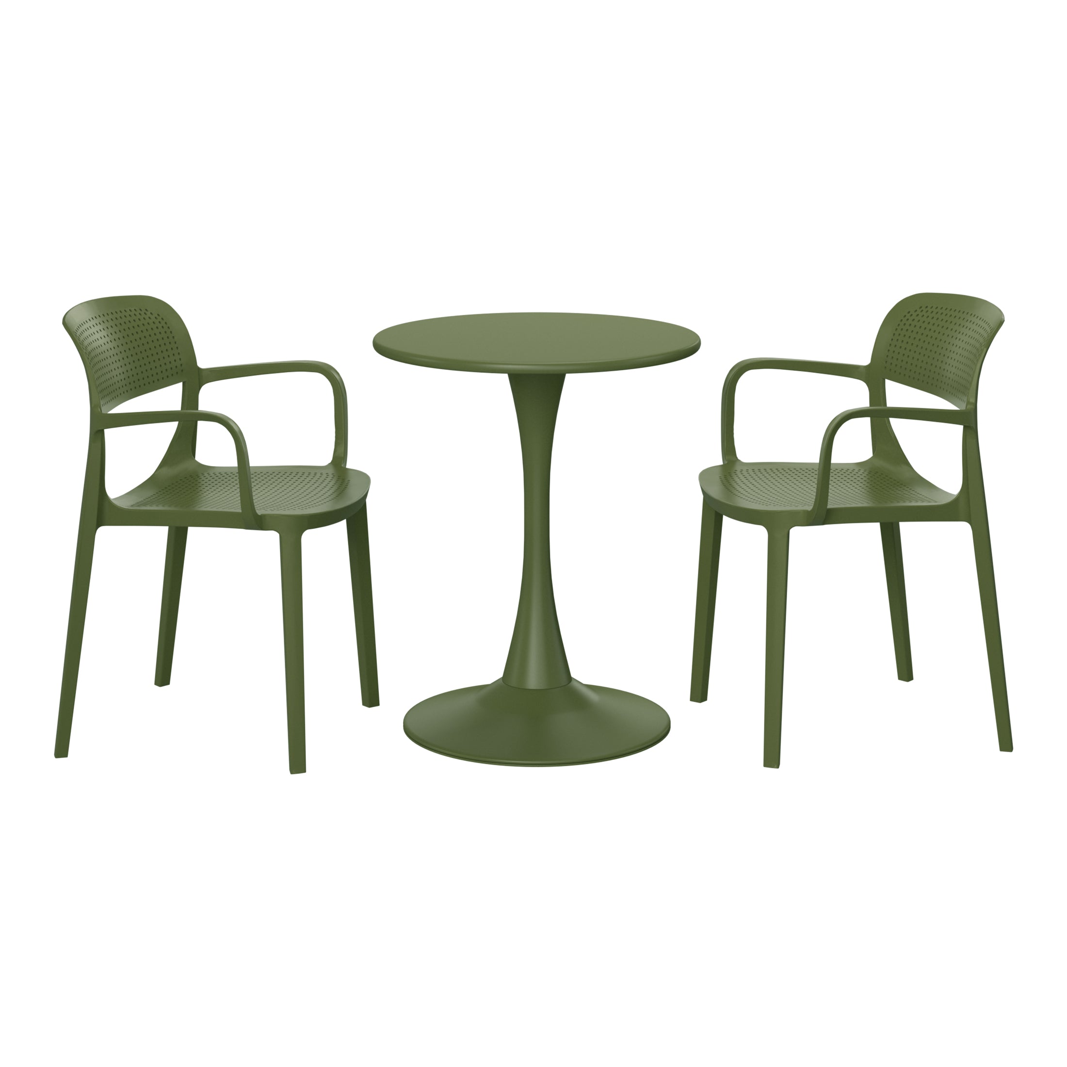 Sunshine 3-Piece Round Metal Bistro Dining Table Set And Stackable Resin Patio Dining Arm Chairs