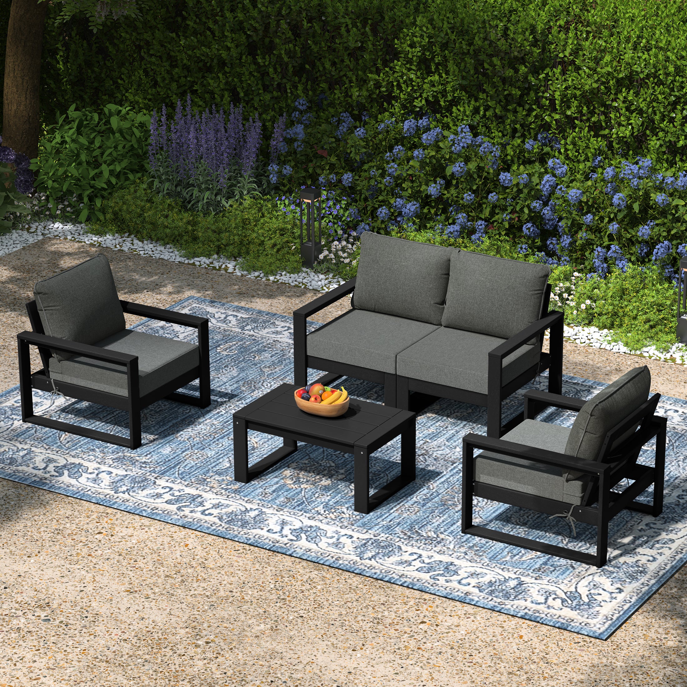 Rockaway 5-Piece Modern HDPE Outdoor Patio Furniture Sofa Conversation Set with Coffee Table