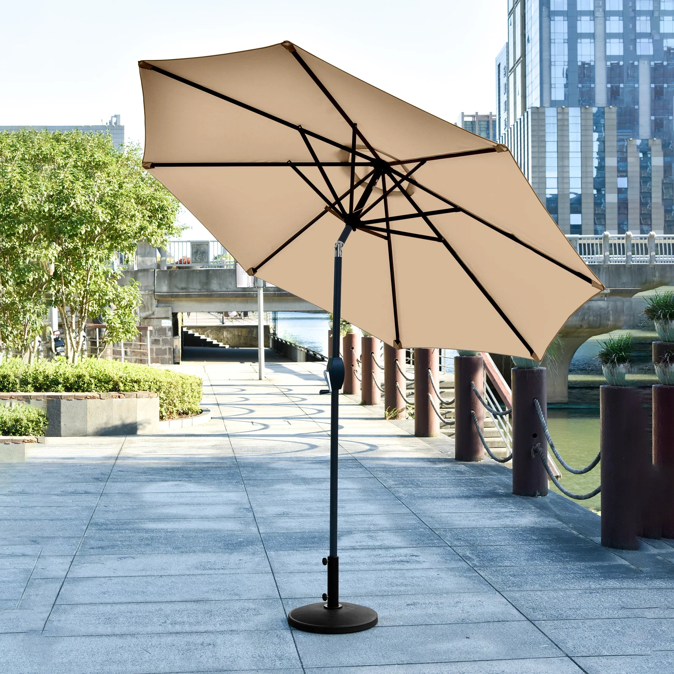 CABANA 9 Ft Patio Umbrella with Round Resin Concrete Base Weight Included, Gray
