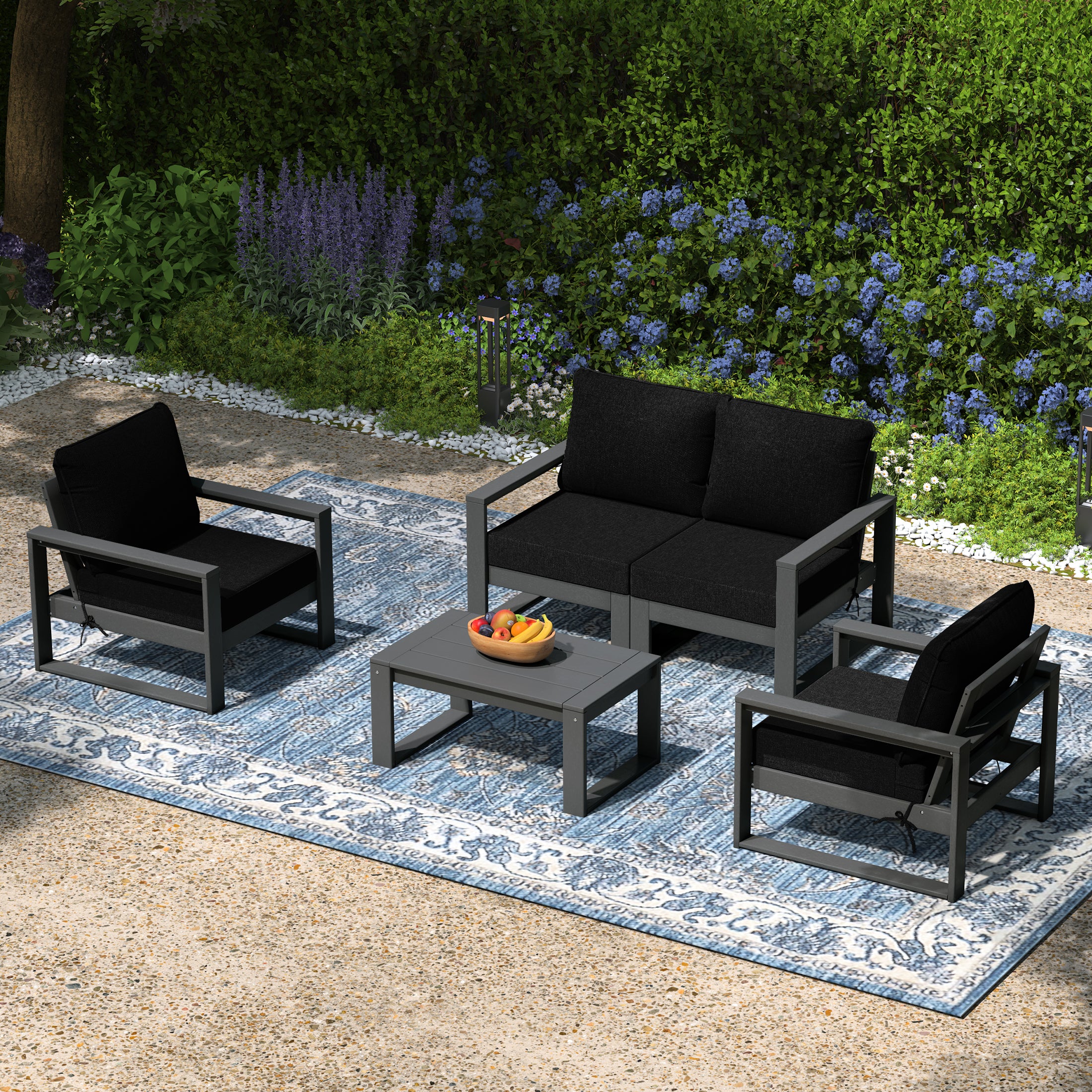 Rockaway 5-Piece Modern HDPE Outdoor Patio Furniture Sofa Conversation Set with Coffee Table