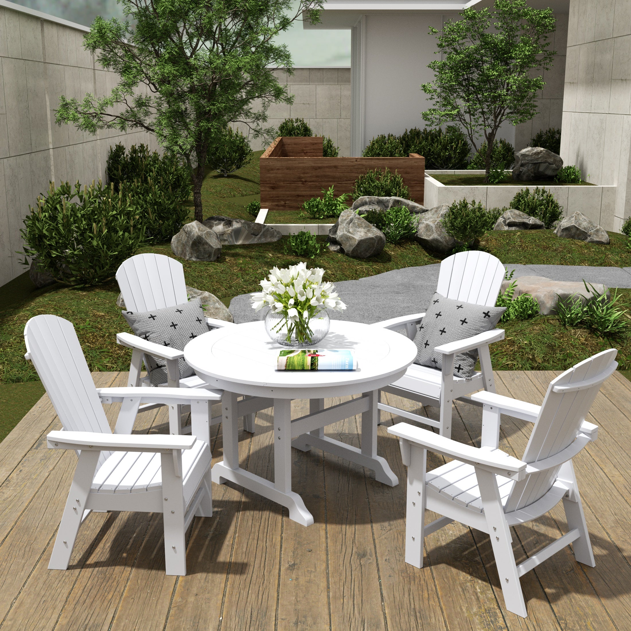 Portside 5 Piece Outdoor Patio Dining Round Table and Shell Back Armchair Set