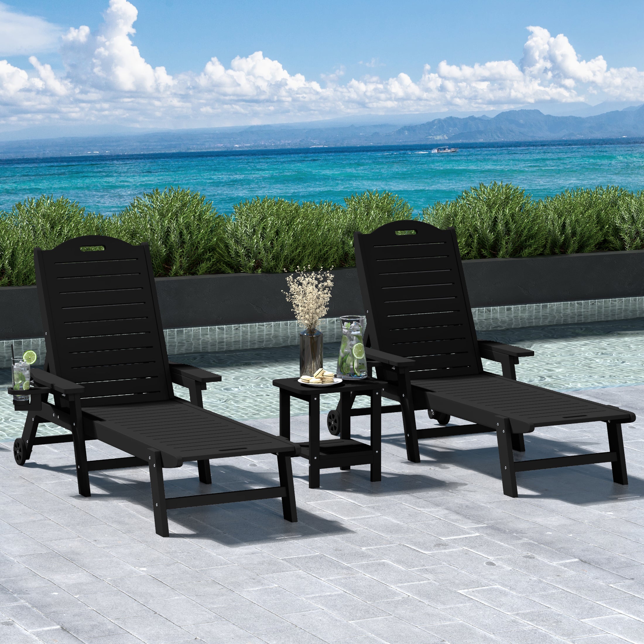 Lago 3-Piece Outdoor Patio Chaise Lounge Chair with Wheels & Cup Holder with Patio Side Table