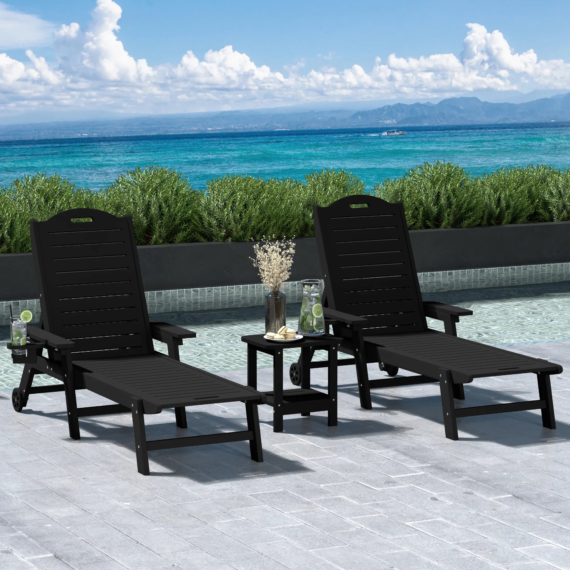Lago 3-Piece Outdoor Patio Chaise Lounge Chair with Wheels & Cup Holder with Patio Side Table