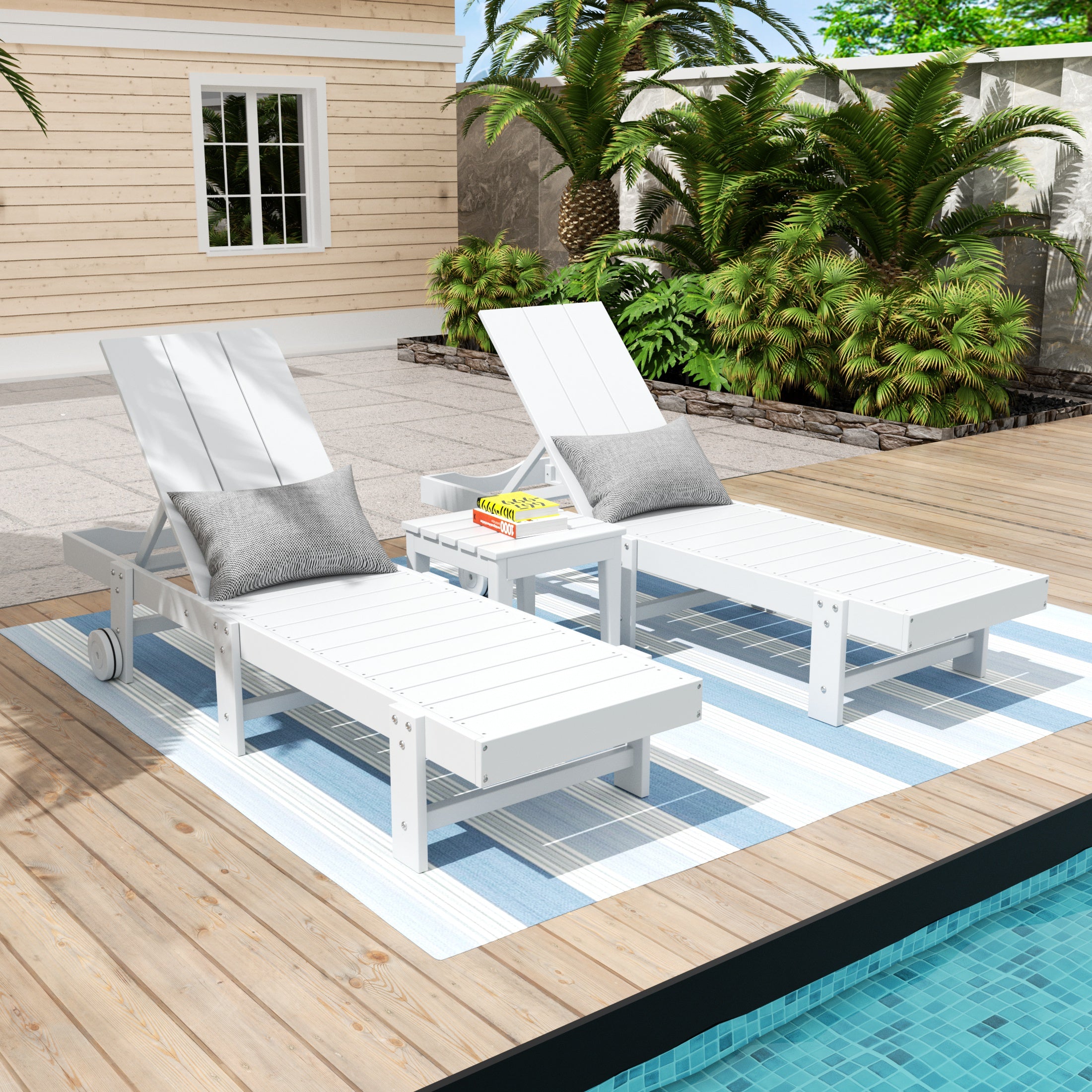 Palms 3 Piece Modern Poly Reclining Chaise Lounge With Wheels