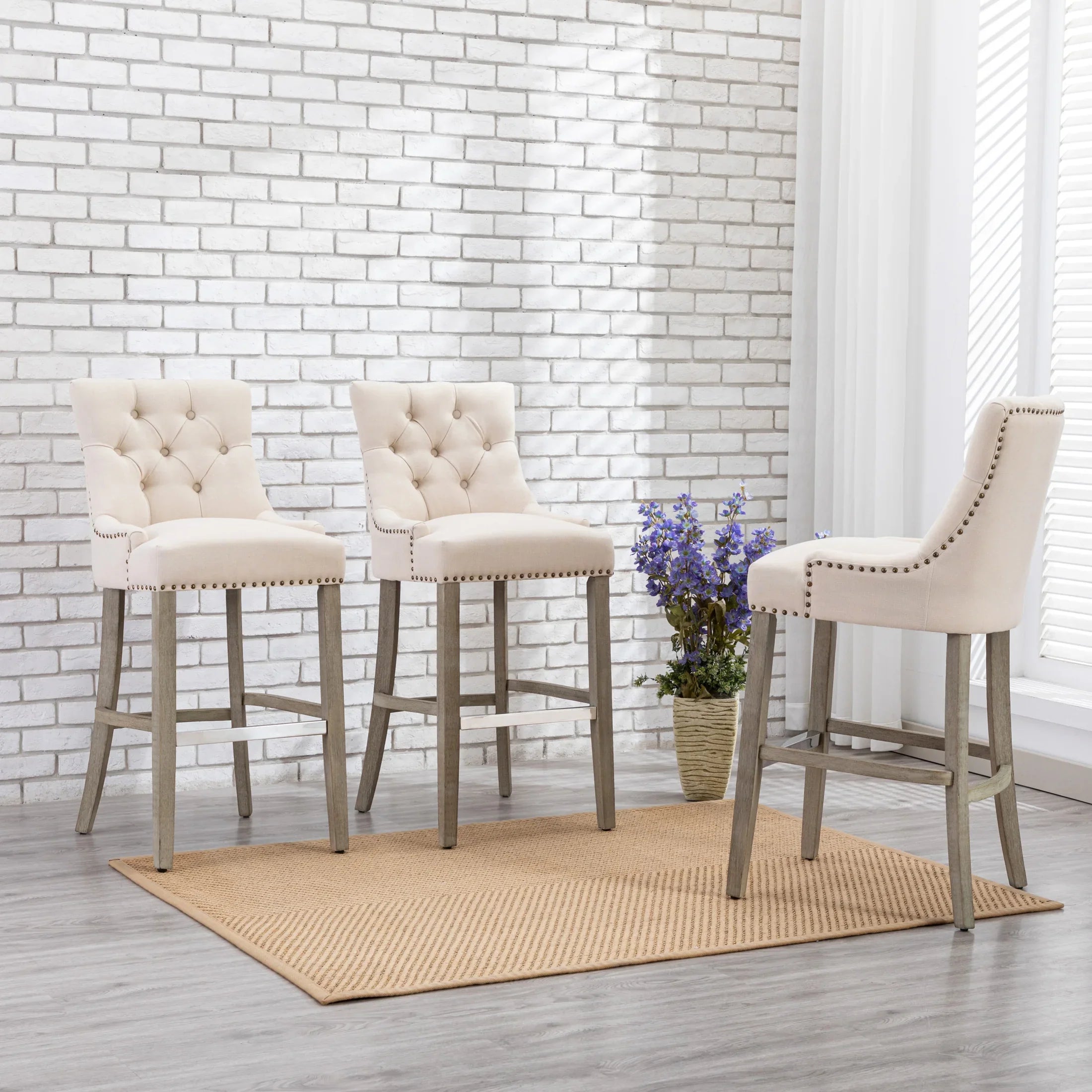 Bellmount 29" Upholstered Wood Bar Stool with Tufted Back (Set of 3)