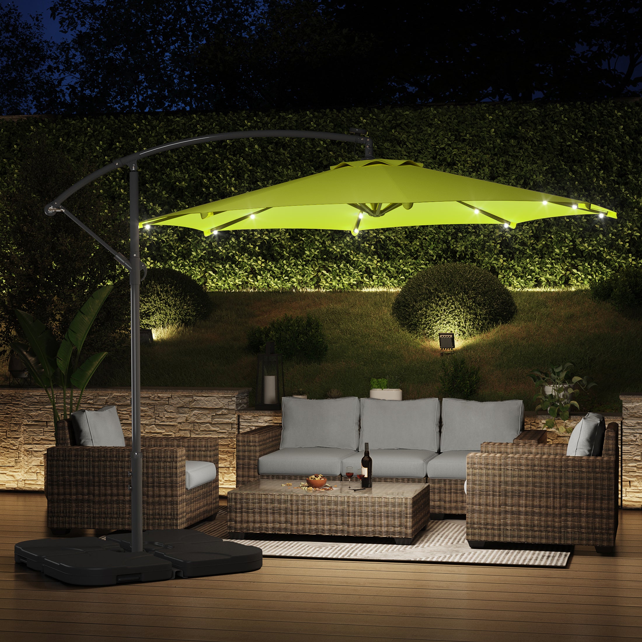 Westlake 10 ft. Outdoor / Paito Cantilever Hanging Umbrella with Solar Power LED lights and 50 lbs concrete weight base kit