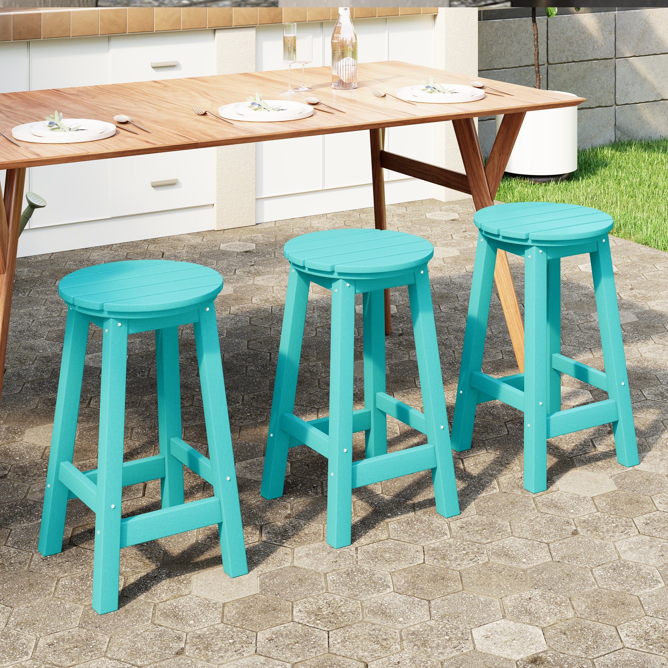 Paradise 24" HDPE Outdoor Patio Round Counter Height Bar Stool Set of 3