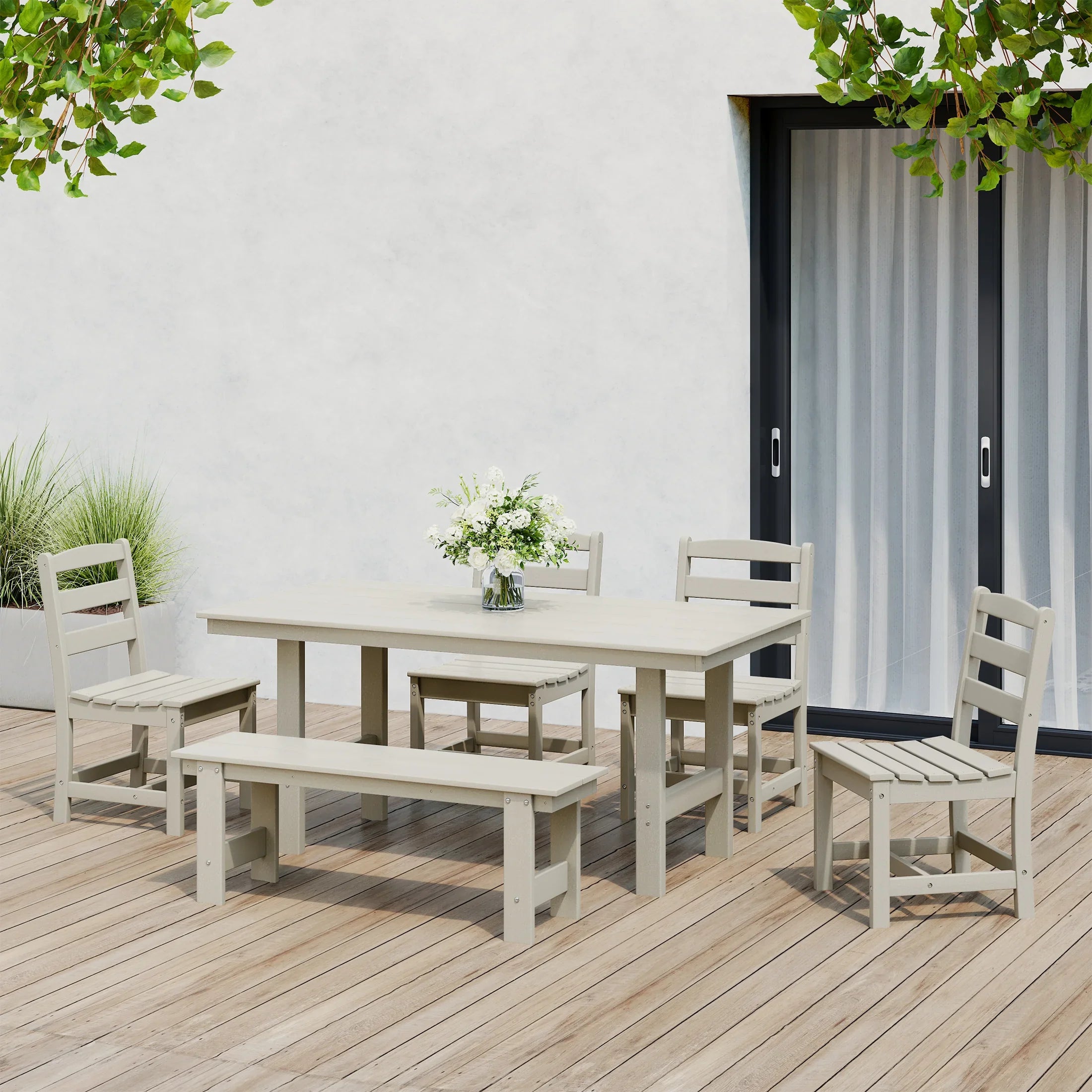 Palms 6-Piece Outdoor HDPE Rectangular Patio Dining Table Set with Bench