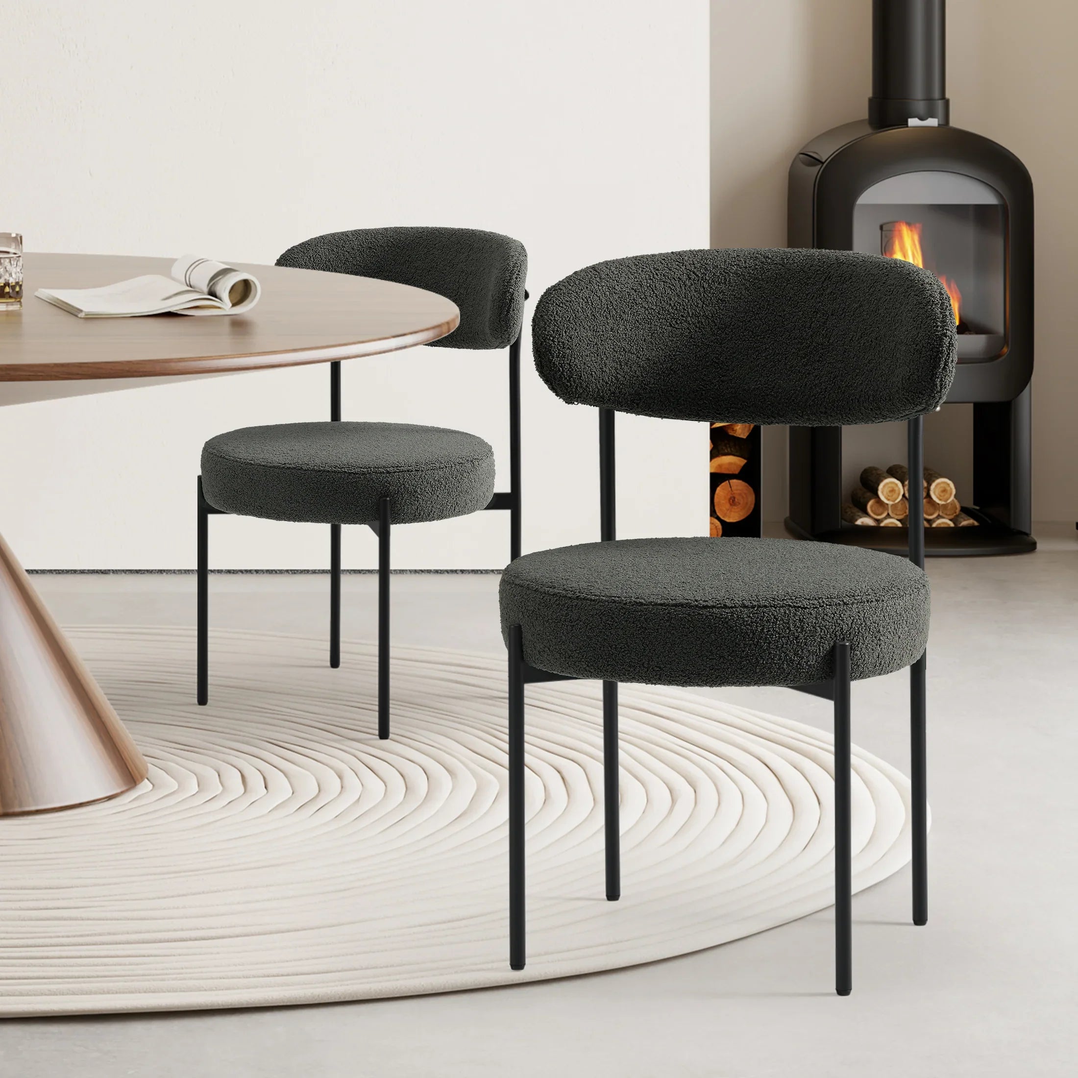 Celine Mid-Century Modern Upholstered Sherpa Round Dining Chairs (Set of 2)