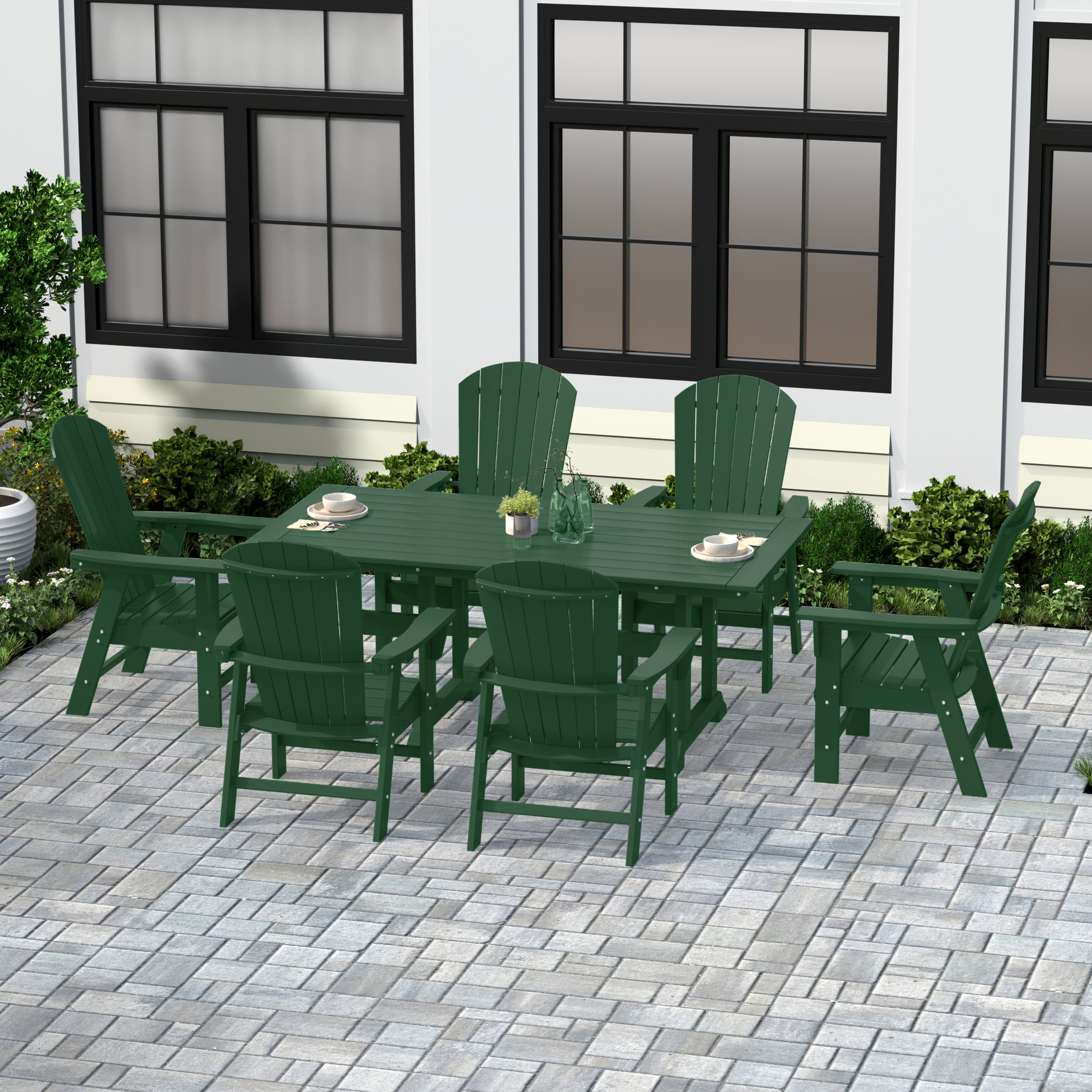 Portside 7 Piece Outdoor Patio Dining Table and Adirondack Armchair Set