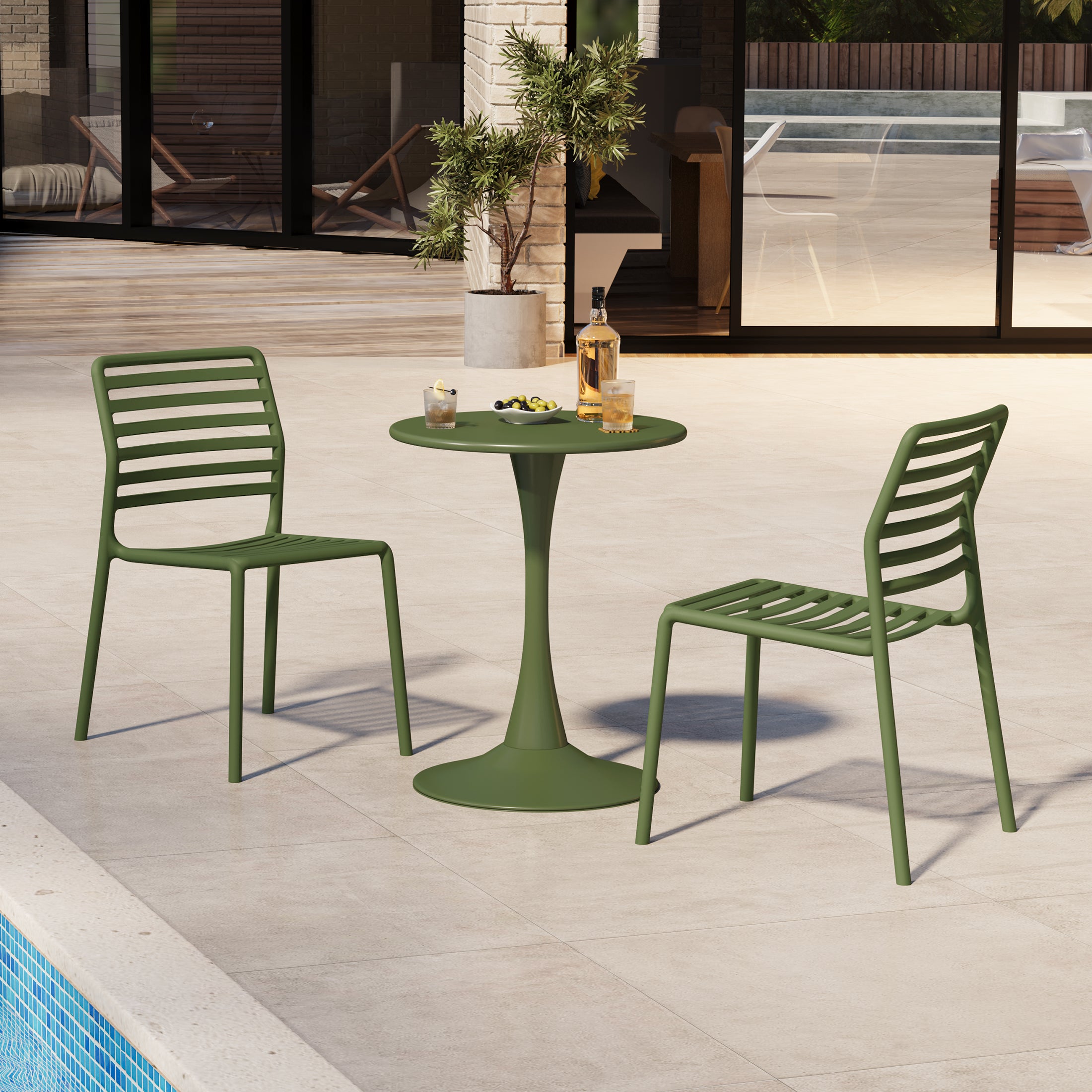 Sunshine 3-Piece Outdoor Metal Round Dining Table Set With Stackable Resin Patio Dining Chairs