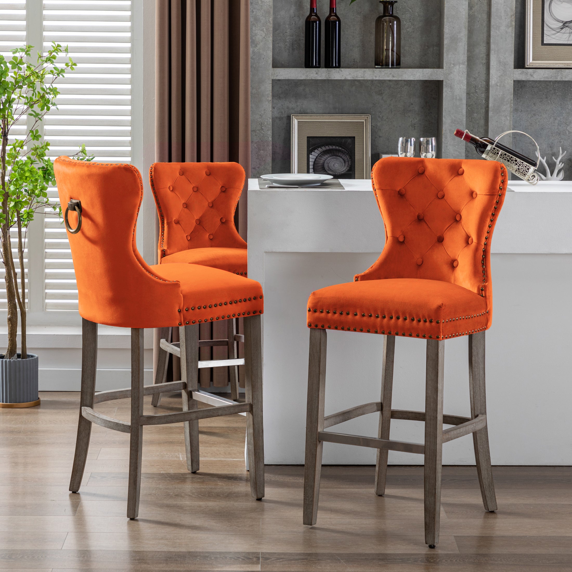 Hank 29" Tufted Velvet Bar Stool (Set of 3), Antique Gray