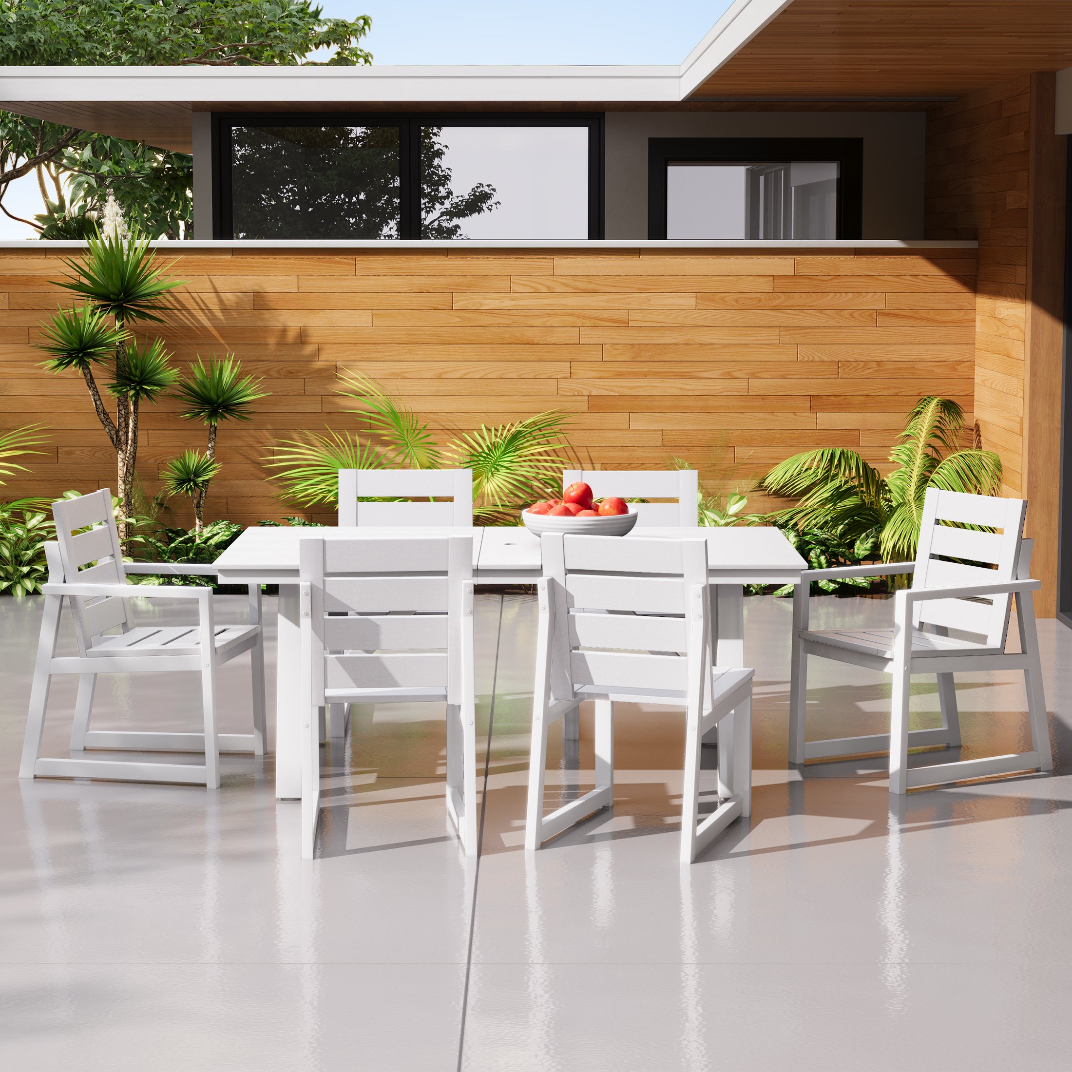Stinson 7-Piece HDPE Outdoor Furniture Patio Dining Table With Umbrella Hole and Chairs Set For 6