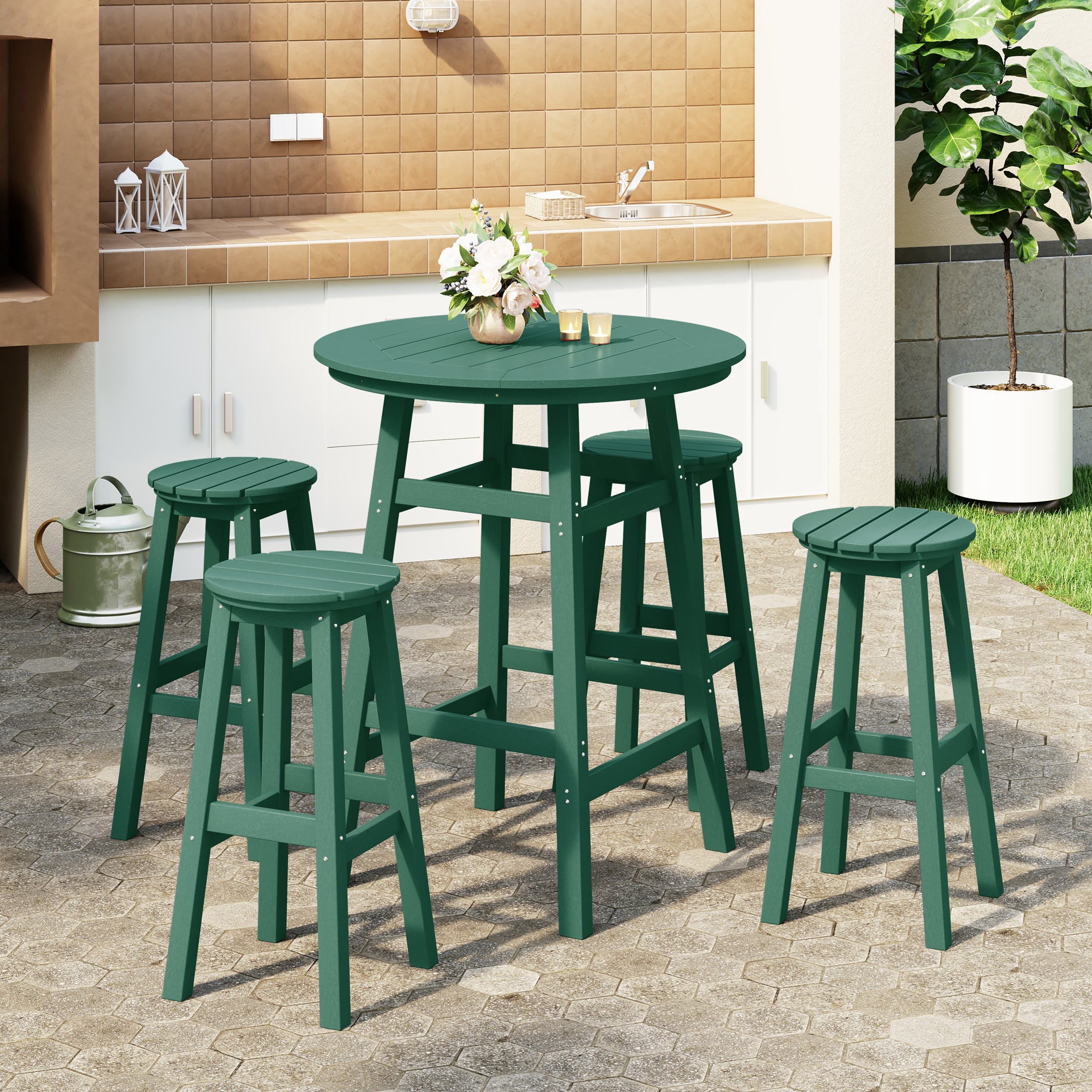 Paradise 5-Piece HDPE Outdoor Patio Dining Bar Bistro Table Set with Bar Stools