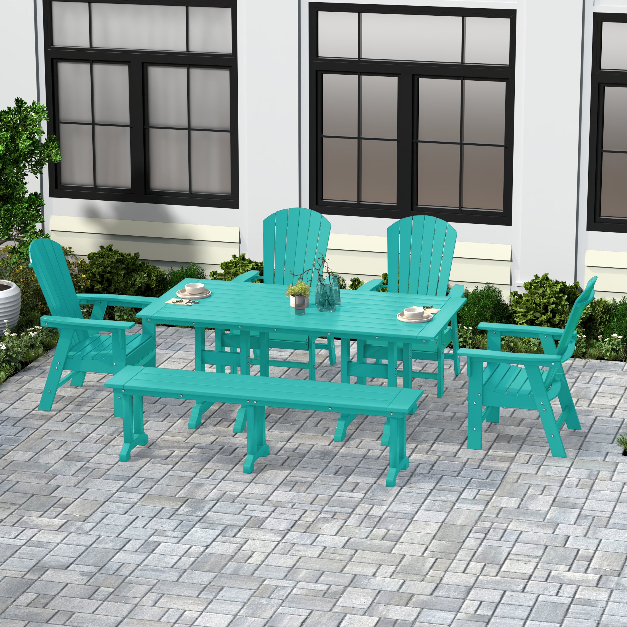 Portside 6 Piece Outdoor Patio Dining Table and Armchair Dining Bench Set