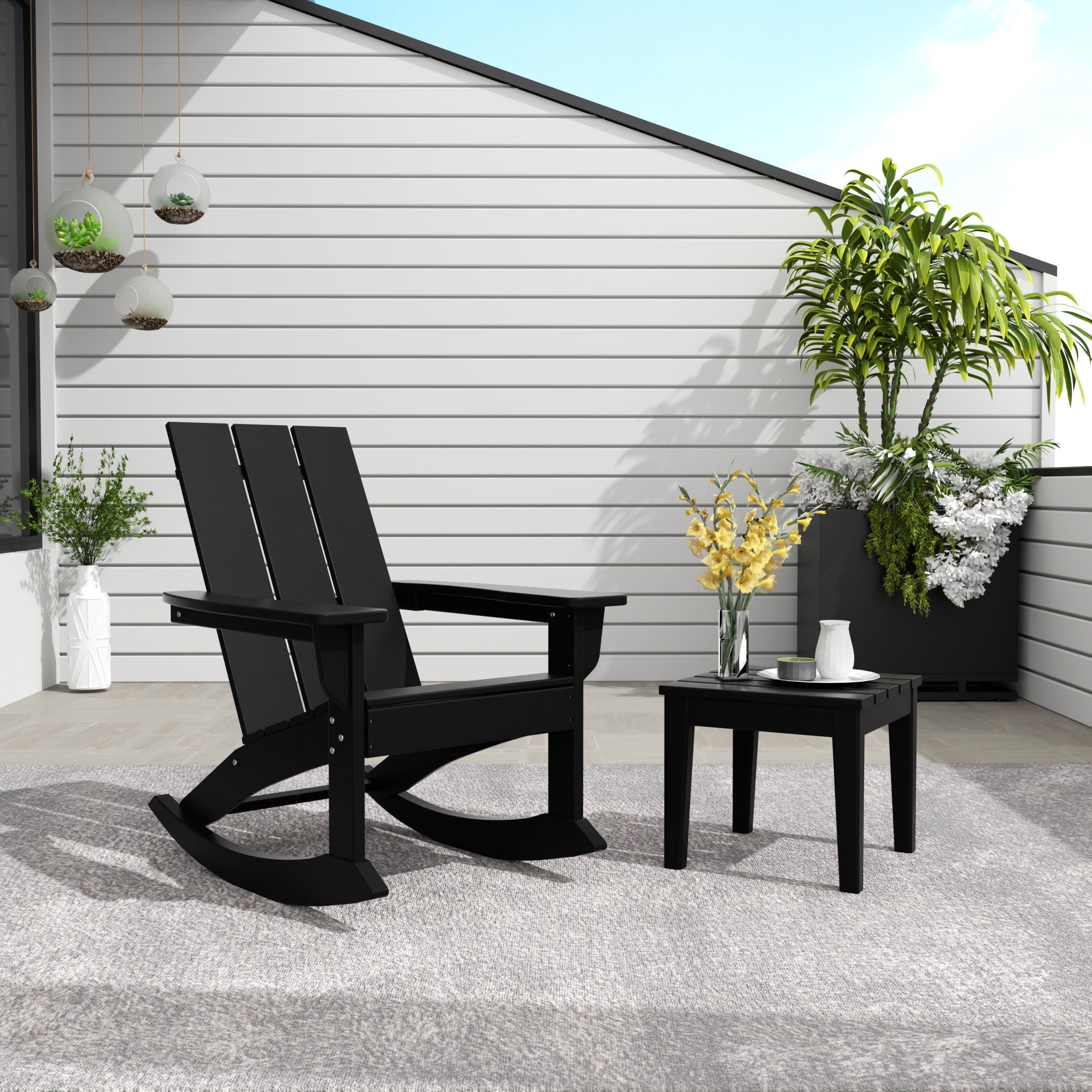 Palms 2-Pieces Set Modern Plastic Outdoor Rocking Chair with Square Side Table