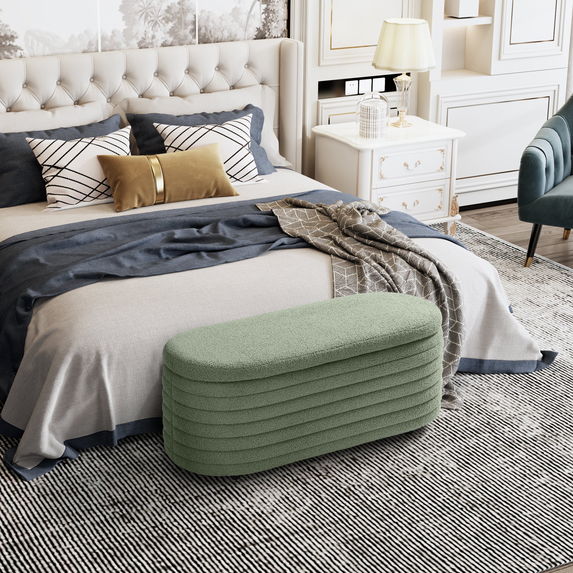 Celine 42" Wide Mid-Century Modern Upholstered Teddy Sherpa Tufted Oval Storage Ottoman Bench