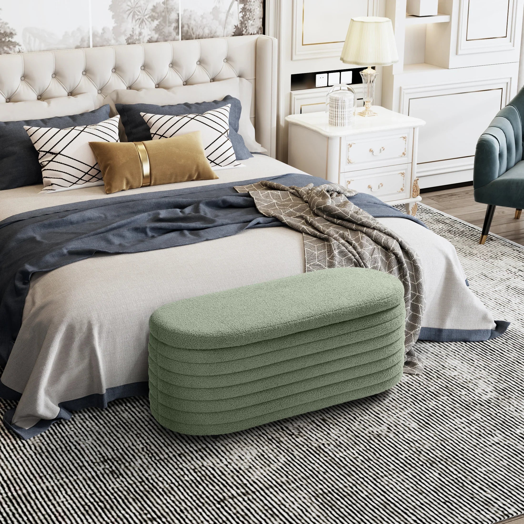 Celine 42" Wide Mid-Century Modern Upholstered Teddy Sherpa Tufted Oval Storage Ottoman Bench
