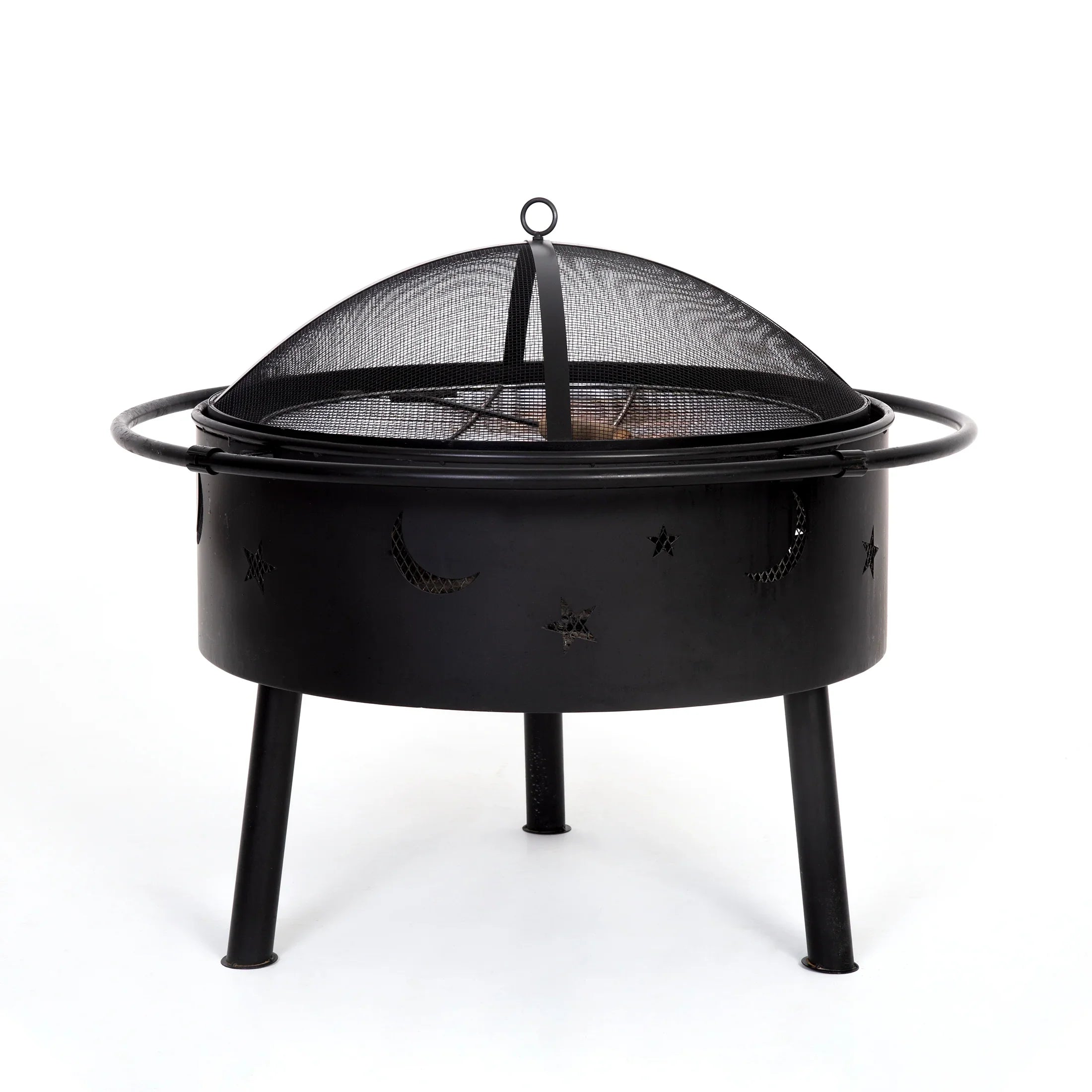 Robin Outdoor Star and Moon steel Wood burning round fire pit with wire mesh lit