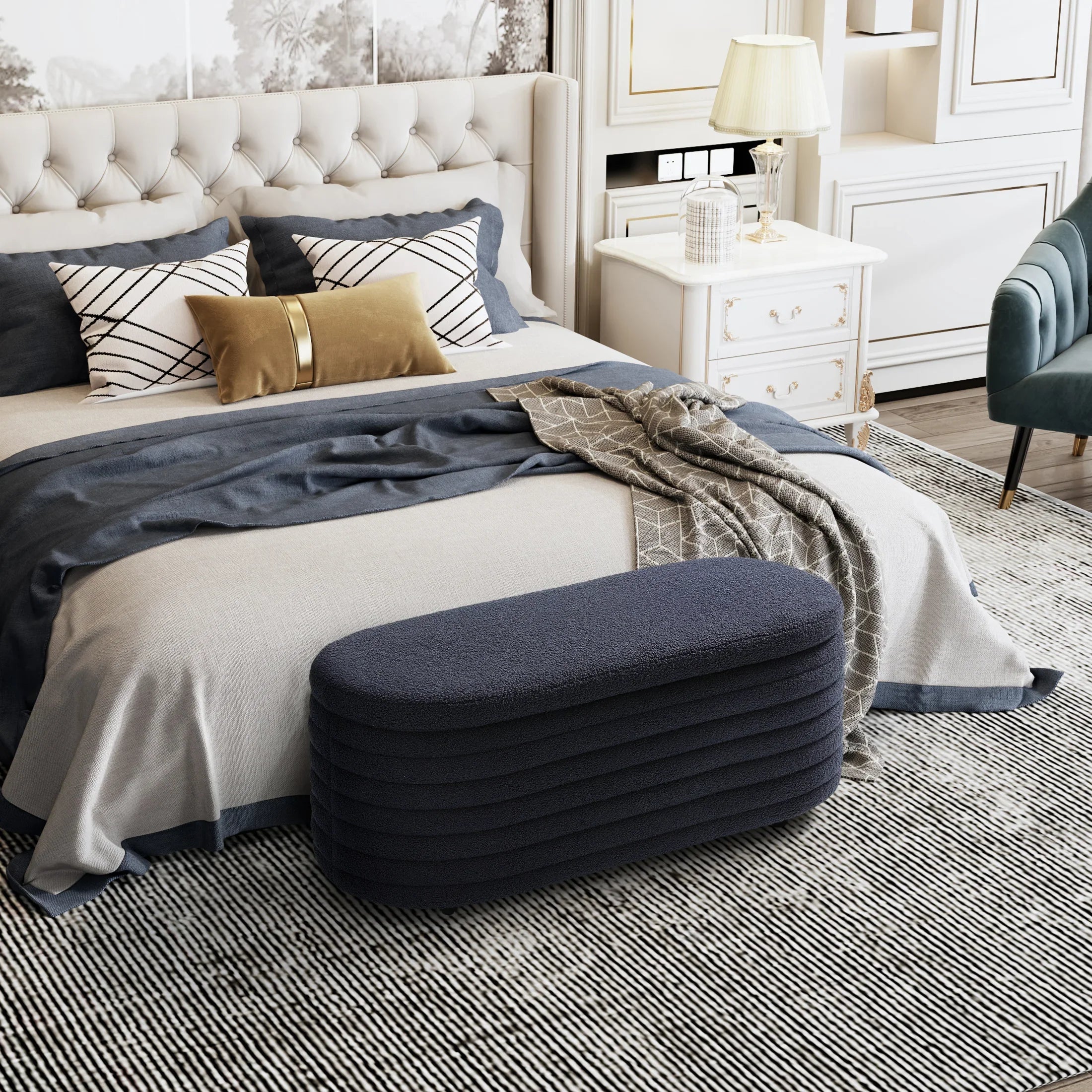 Celine 42" Wide Mid-Century Modern Upholstered Teddy Sherpa Tufted Oval Storage Ottoman Bench