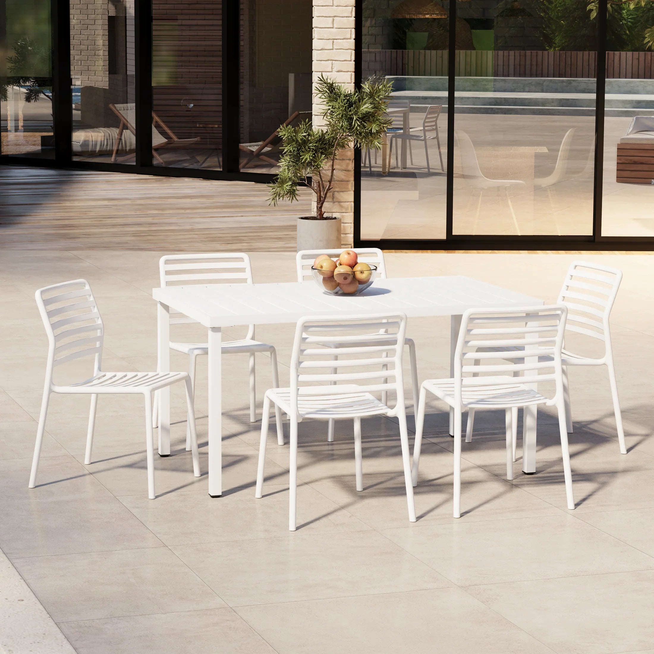 Sunshine 7-Piece Metal Rectangular Patio Dining Table Set With Stackable Plastic Dining Chairs For 6