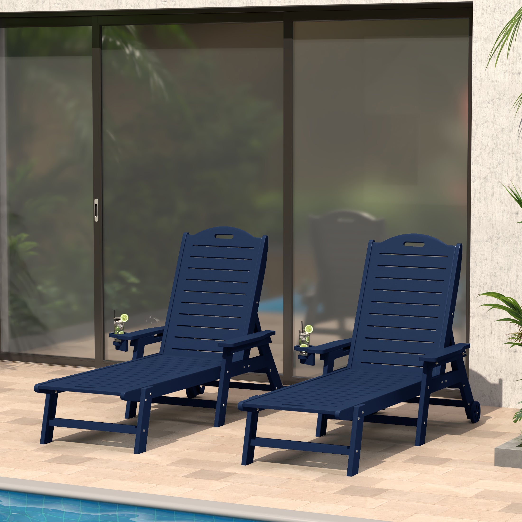 Lago Outdoor HDPE Patio Chaise Lounges With Wheels & Cup Holder (Set of 2)