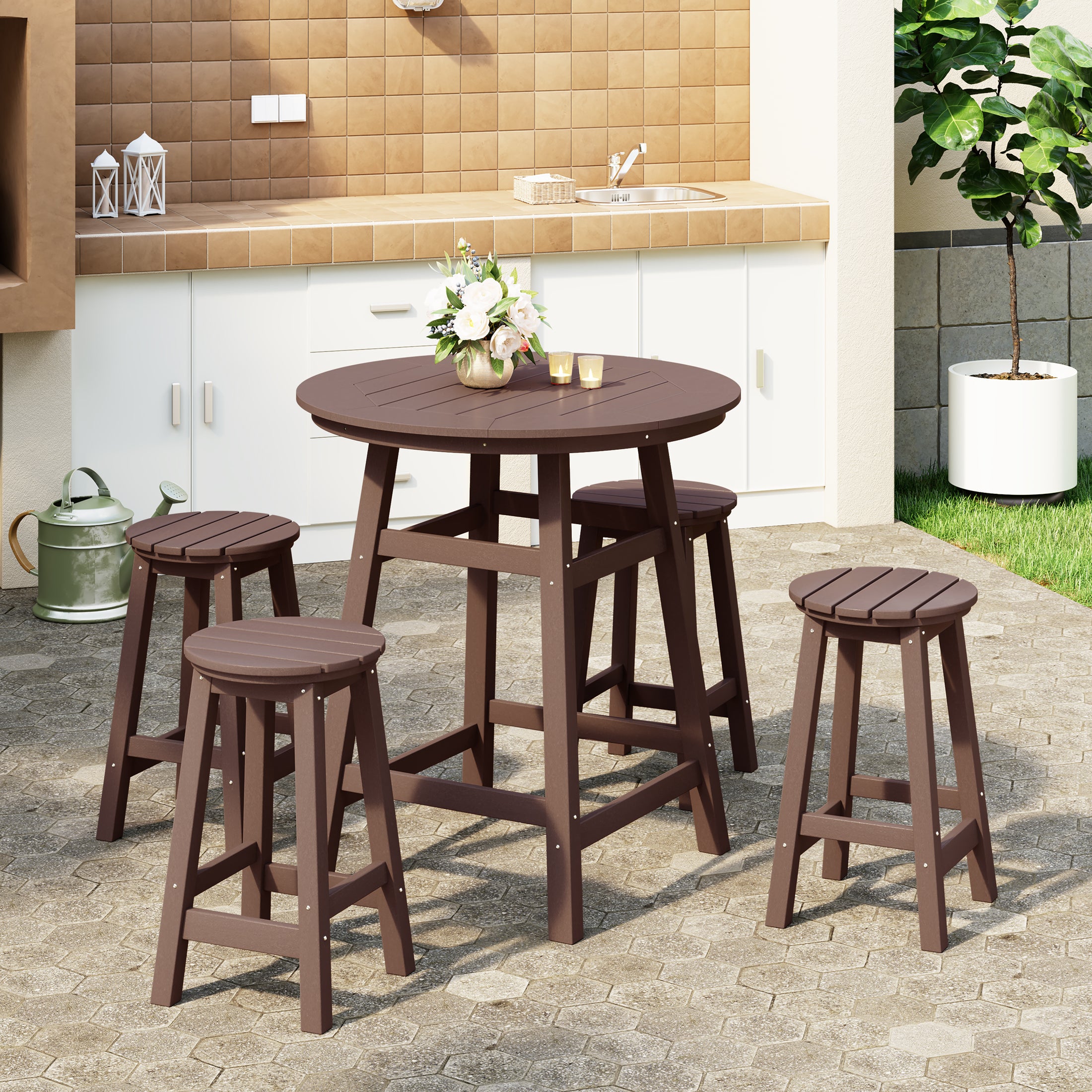 Paradise 5-Piece HDPE Outdoor Patio Dining Bar Bistro Table Set with Counter High Round Bar Stools
