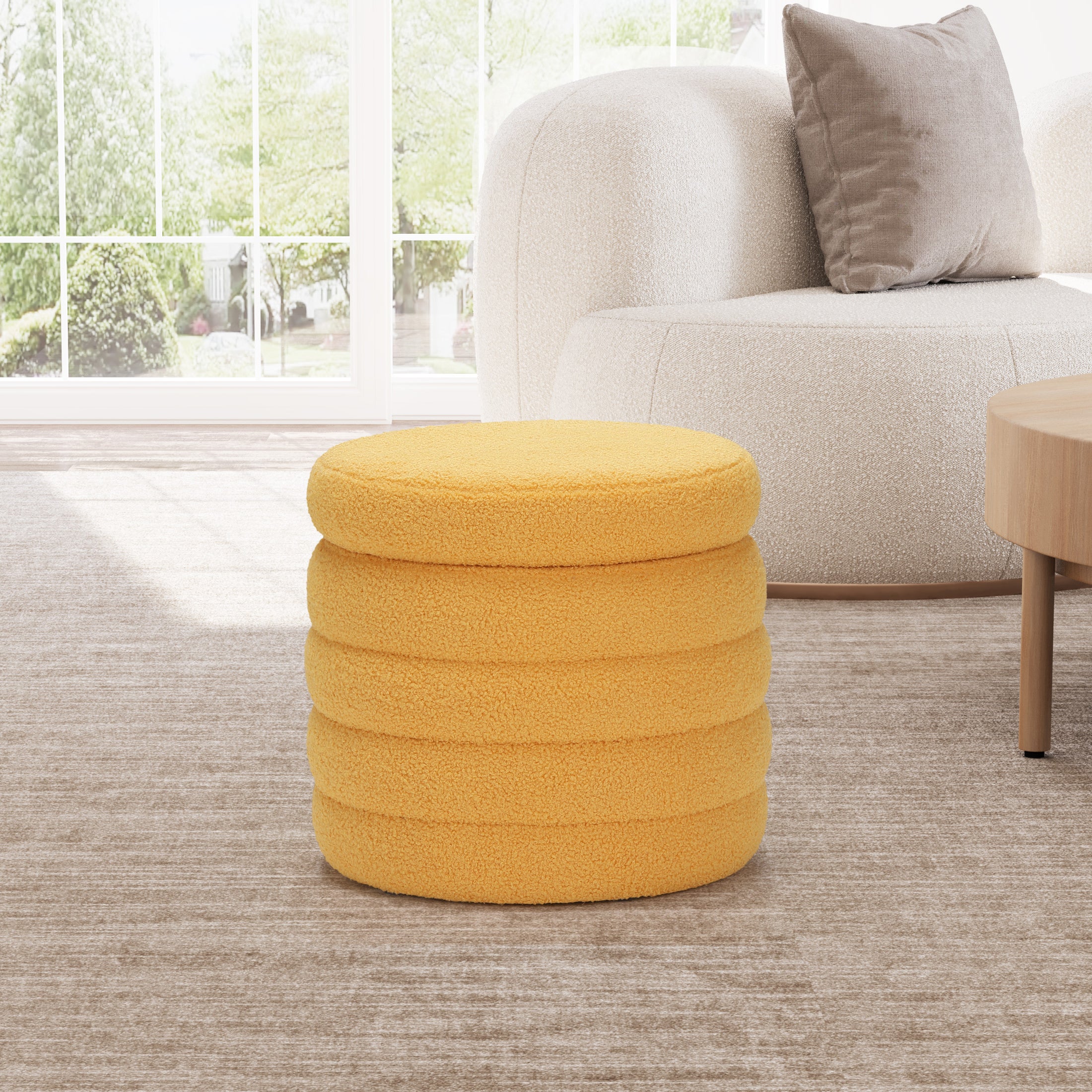 Celine Mid-Century Modern Faux Sherpa Round Storage Ottoman