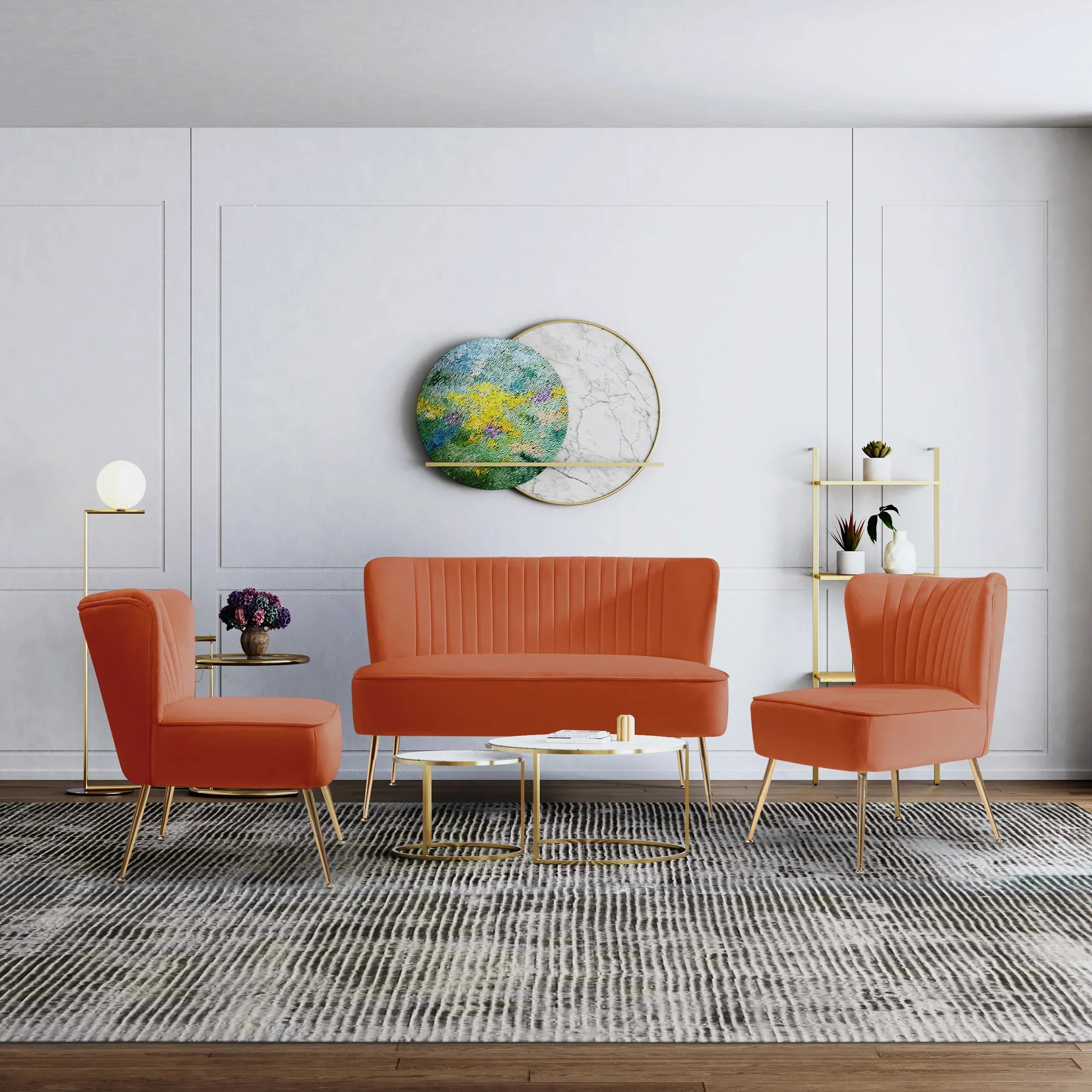 Alaia Mid Century Modern Tufted Velvet Loveseat Sofa and 22" Accent Chair 3-Piece Set
