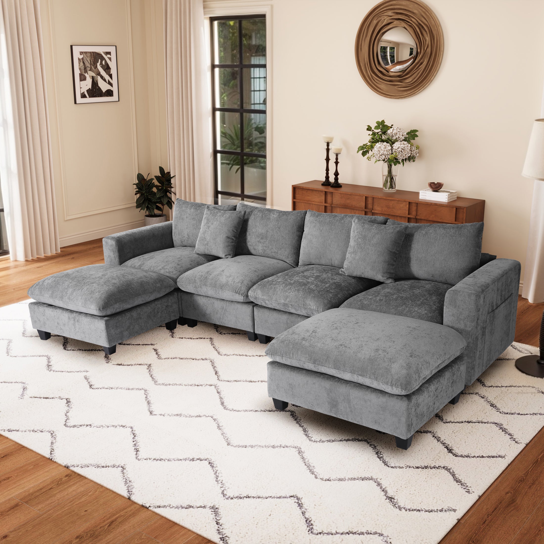 Springfield 128" Chenille Modular U-Shaped Sectional Couch and Chaise With USB/Type-C Ports and Side Pockets