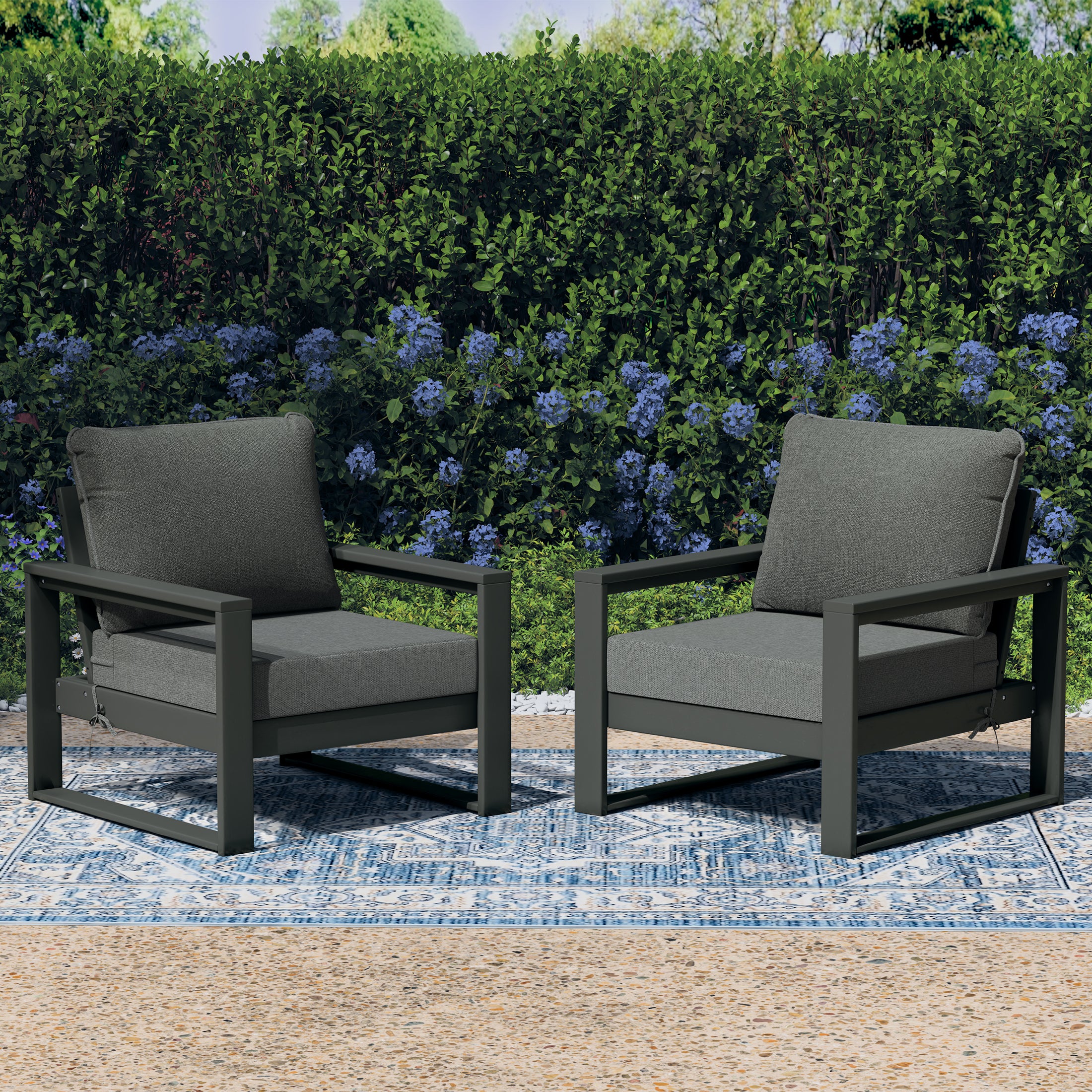 Rockaway Outdoor Modern HDPE Patio Club Chair with Waterproof Deep Seat Cushions (Set of 2)