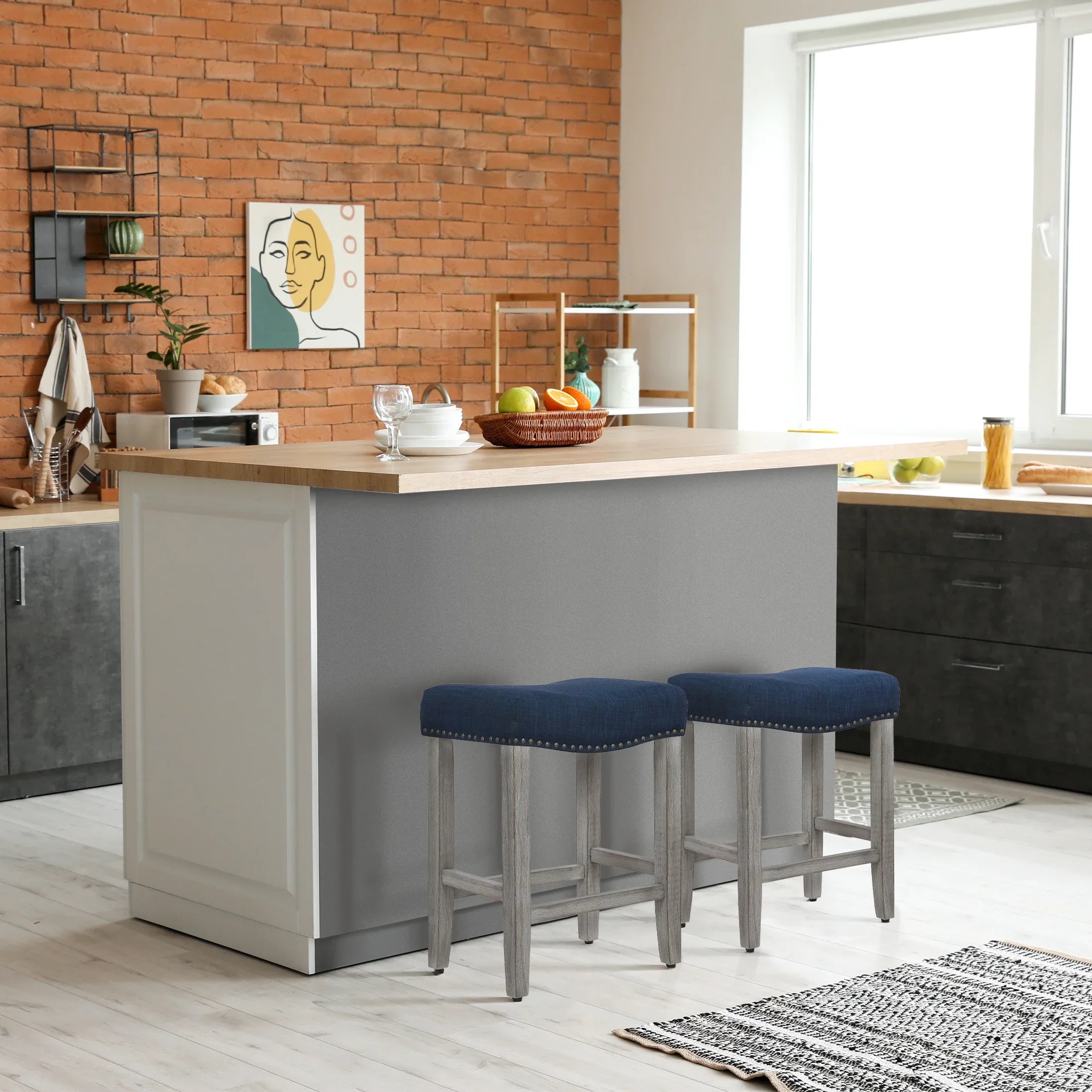Bulmon 24" upholstered nail head bar counter stools with Gray color legs (2 piece set)