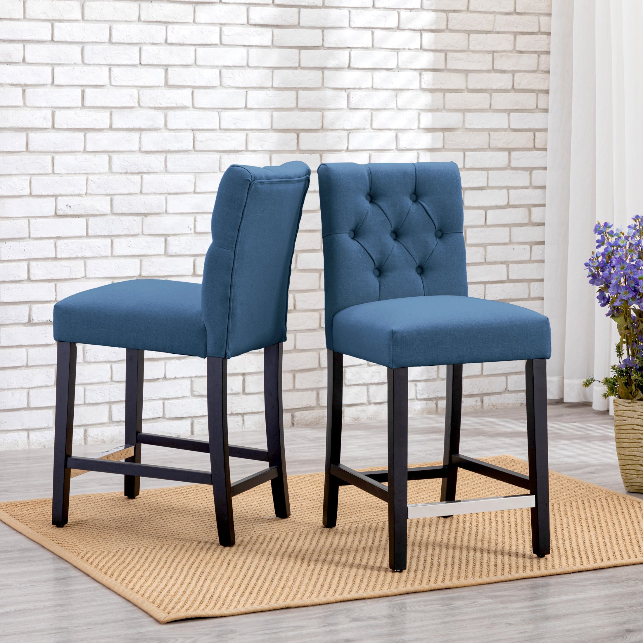 Bellmount 24" Linen Fabric Tufted Bar Stool (Set of 2),Black